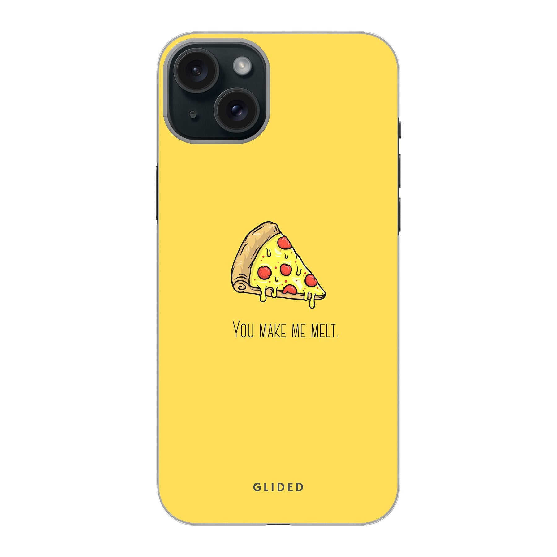 Flirty Pizza iPhone 15 Plus Handyhülle mit einem appetitlichen Pizza-Design und dem Text 'You make me melt'.