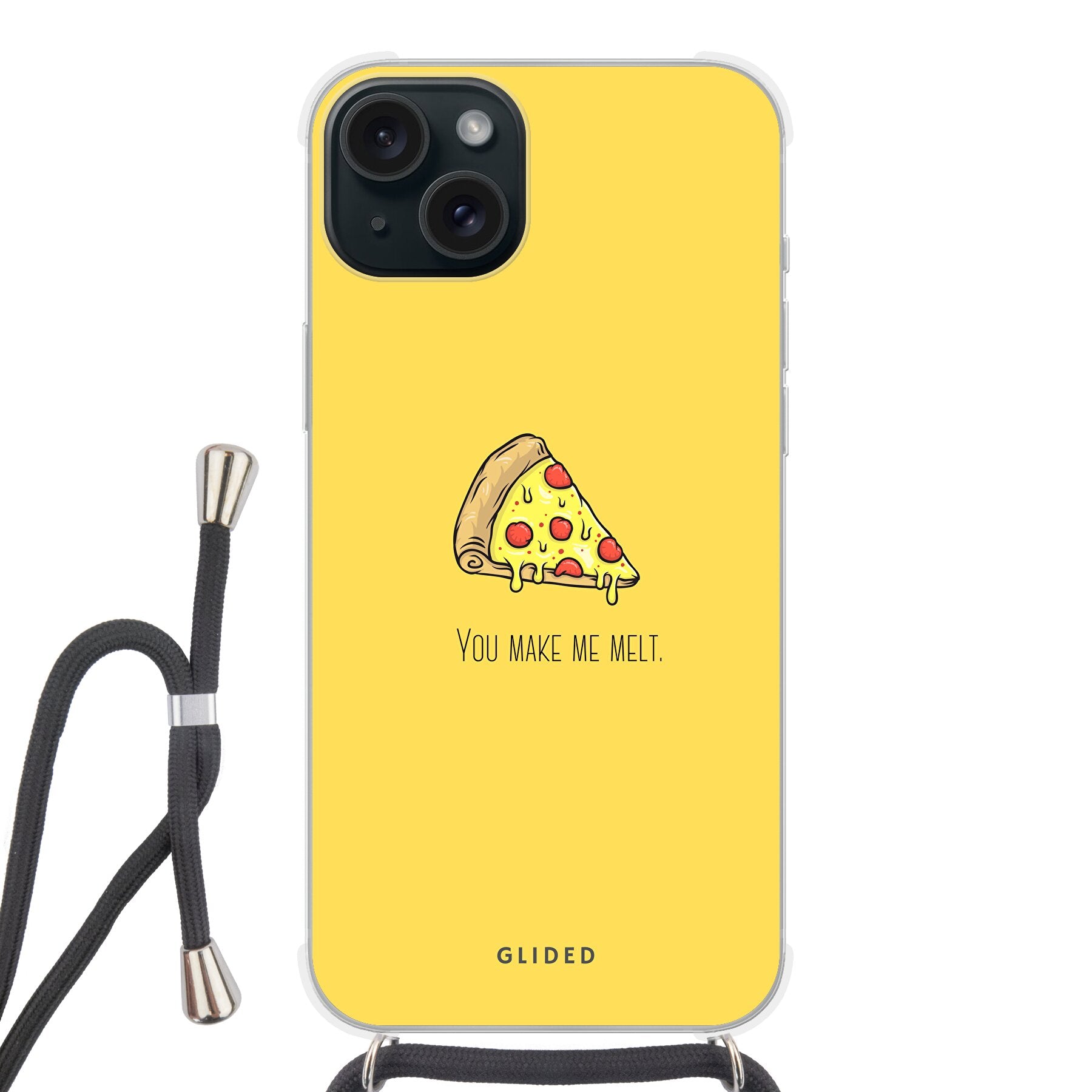 Flirty Pizza iPhone 15 Plus Handyhülle mit einem appetitlichen Pizza-Design und dem Text 'You make me melt'.