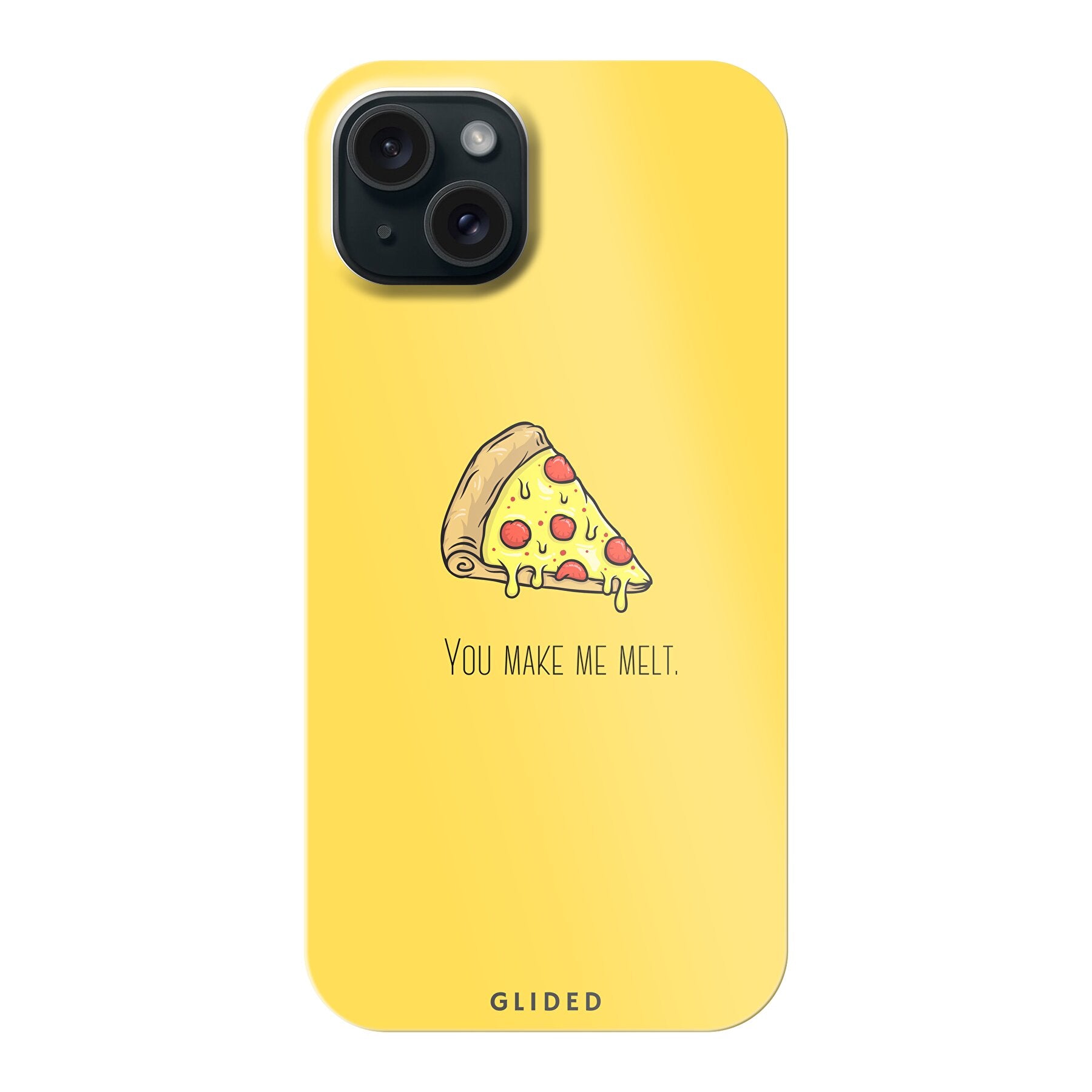 Flirty Pizza iPhone 15 Plus Handyhülle mit einem appetitlichen Pizza-Design und dem Text 'You make me melt'.