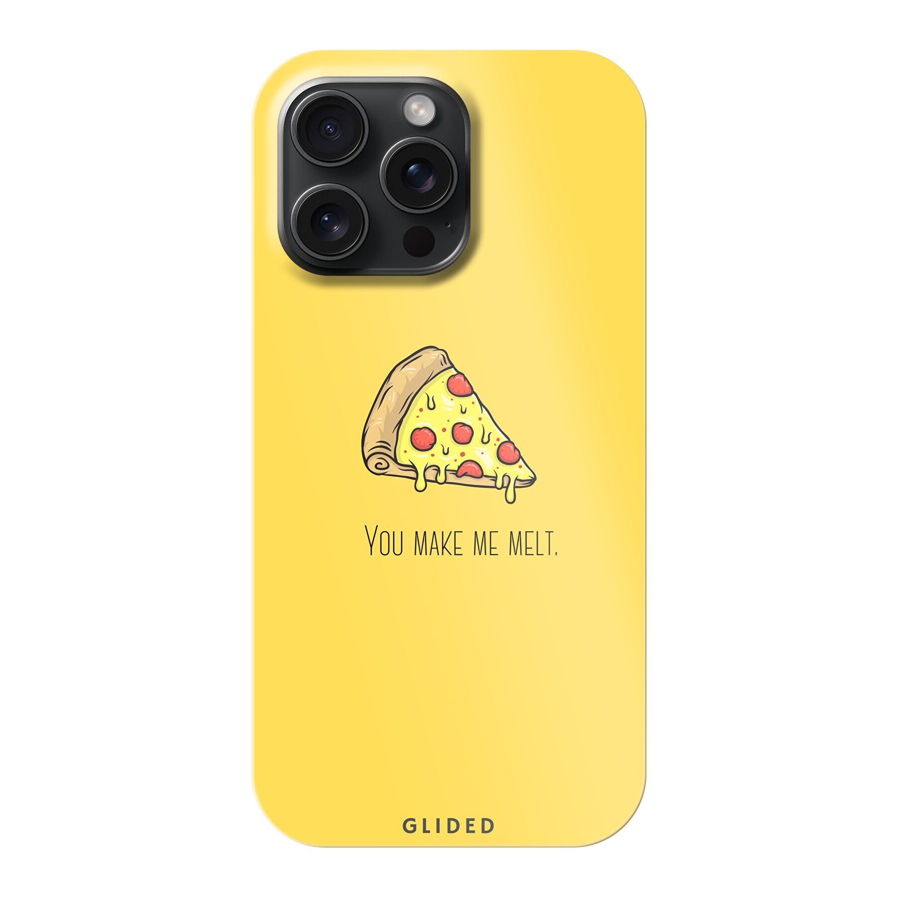 Flirty Pizza iPhone 15 Pro Max Handyhülle mit einem appetitlichen Pizza-Motiv und dem Spruch 'You make me melt'.