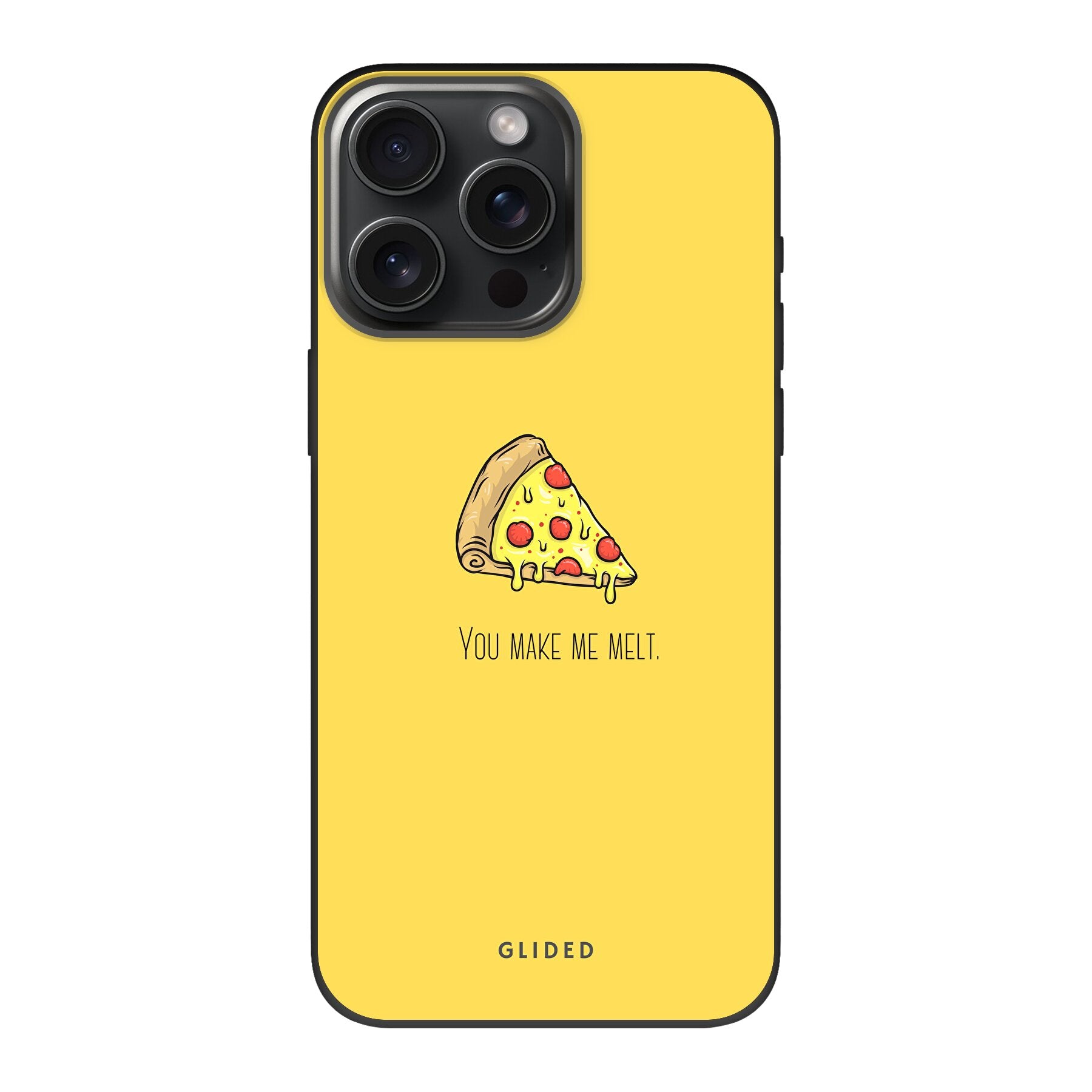 Flirty Pizza iPhone 15 Pro Max Handyhülle mit einem appetitlichen Pizza-Motiv und dem Spruch 'You make me melt'.