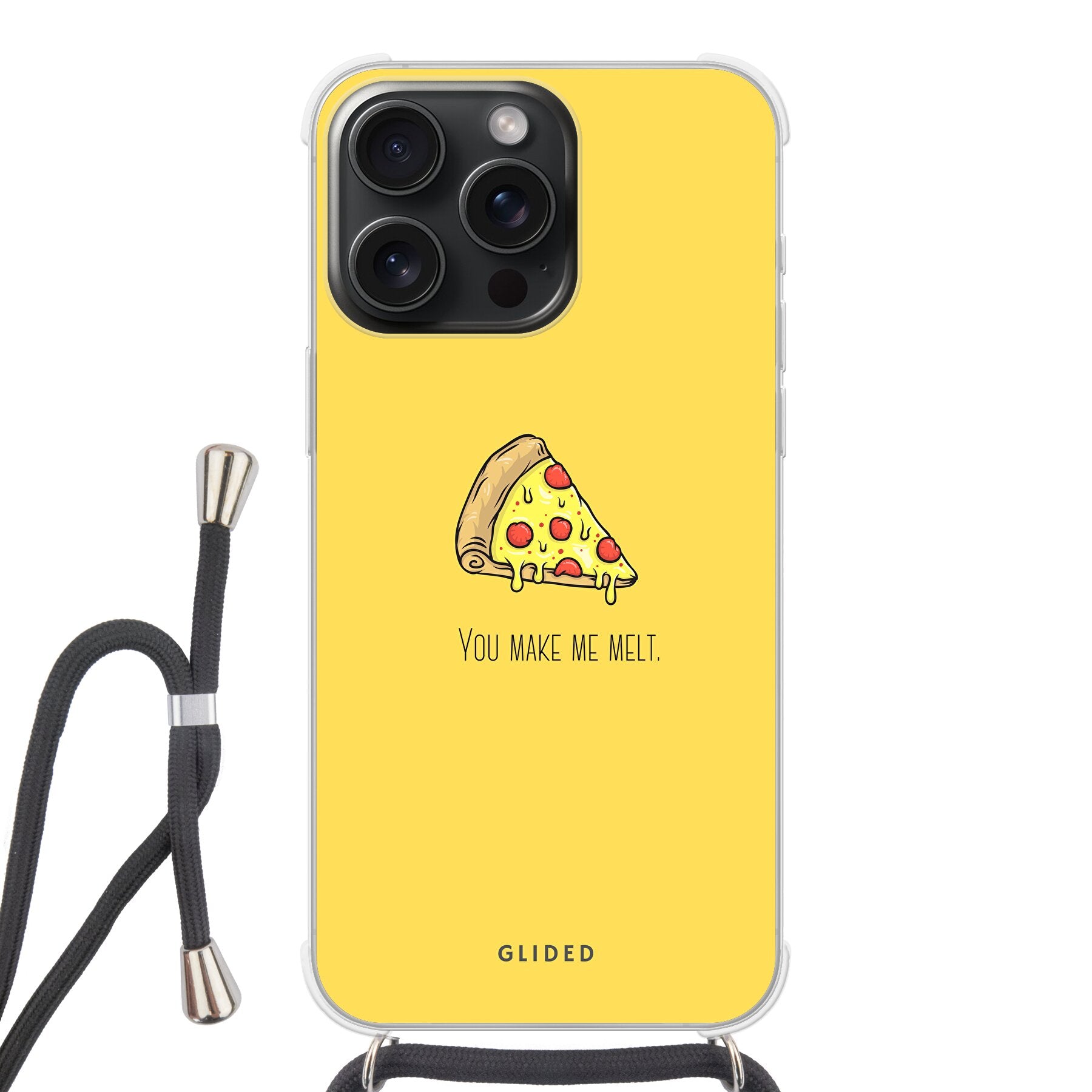 Flirty Pizza iPhone 15 Pro Max Handyhülle mit einem appetitlichen Pizza-Motiv und dem Spruch 'You make me melt'.