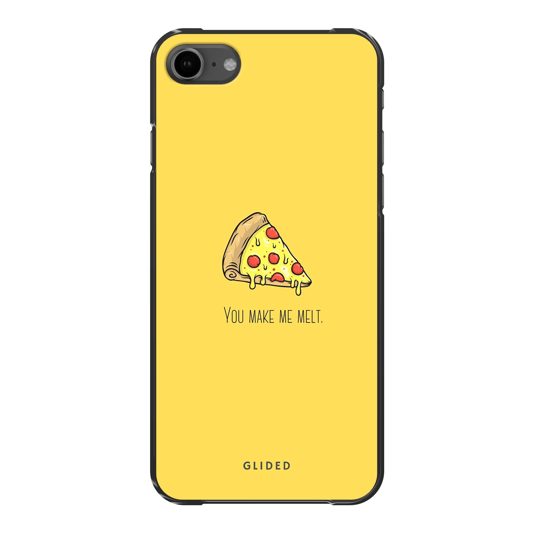 Flirty Pizza iPhone 7 Handyhülle mit einem köstlichen Stück Pizza und dem Text 'You make me melt' in einem verspielten Design.