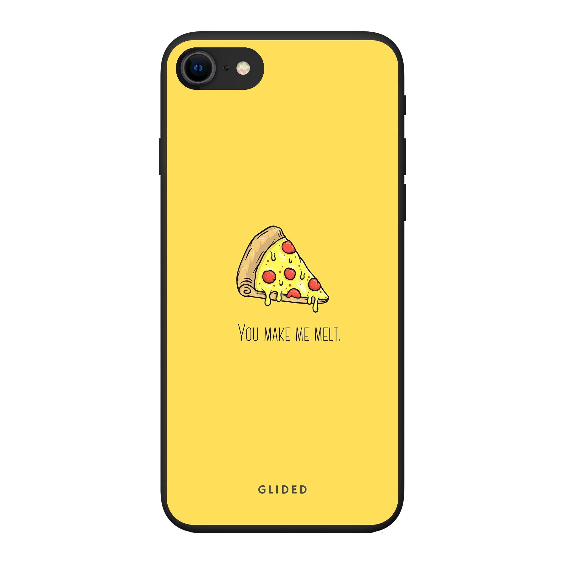 Flirty Pizza iPhone 7 Handyhülle mit einem köstlichen Stück Pizza und dem Text 'You make me melt' in einem verspielten Design.