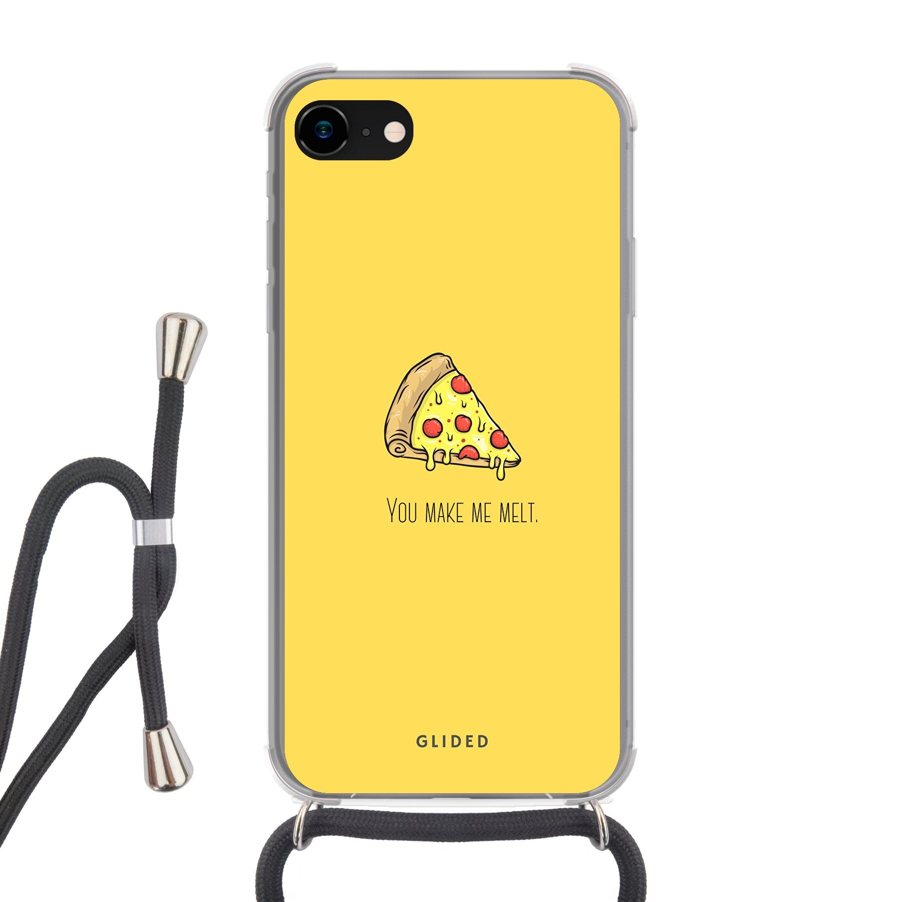 Flirty Pizza iPhone 7 Handyhülle mit einem köstlichen Stück Pizza und dem Text 'You make me melt' in einem verspielten Design.