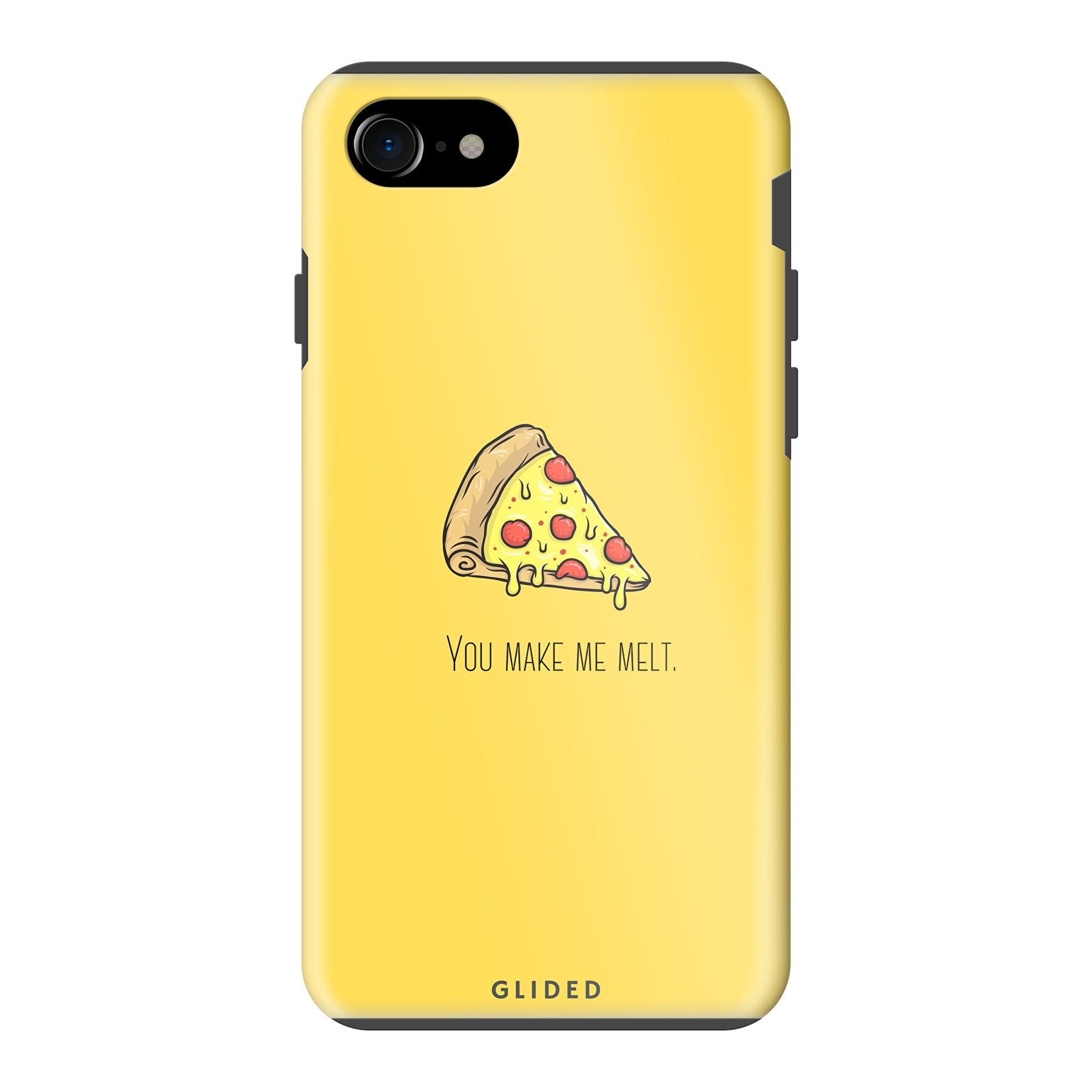 Flirty Pizza iPhone 7 Handyhülle mit einem köstlichen Stück Pizza und dem Text 'You make me melt' in einem verspielten Design.