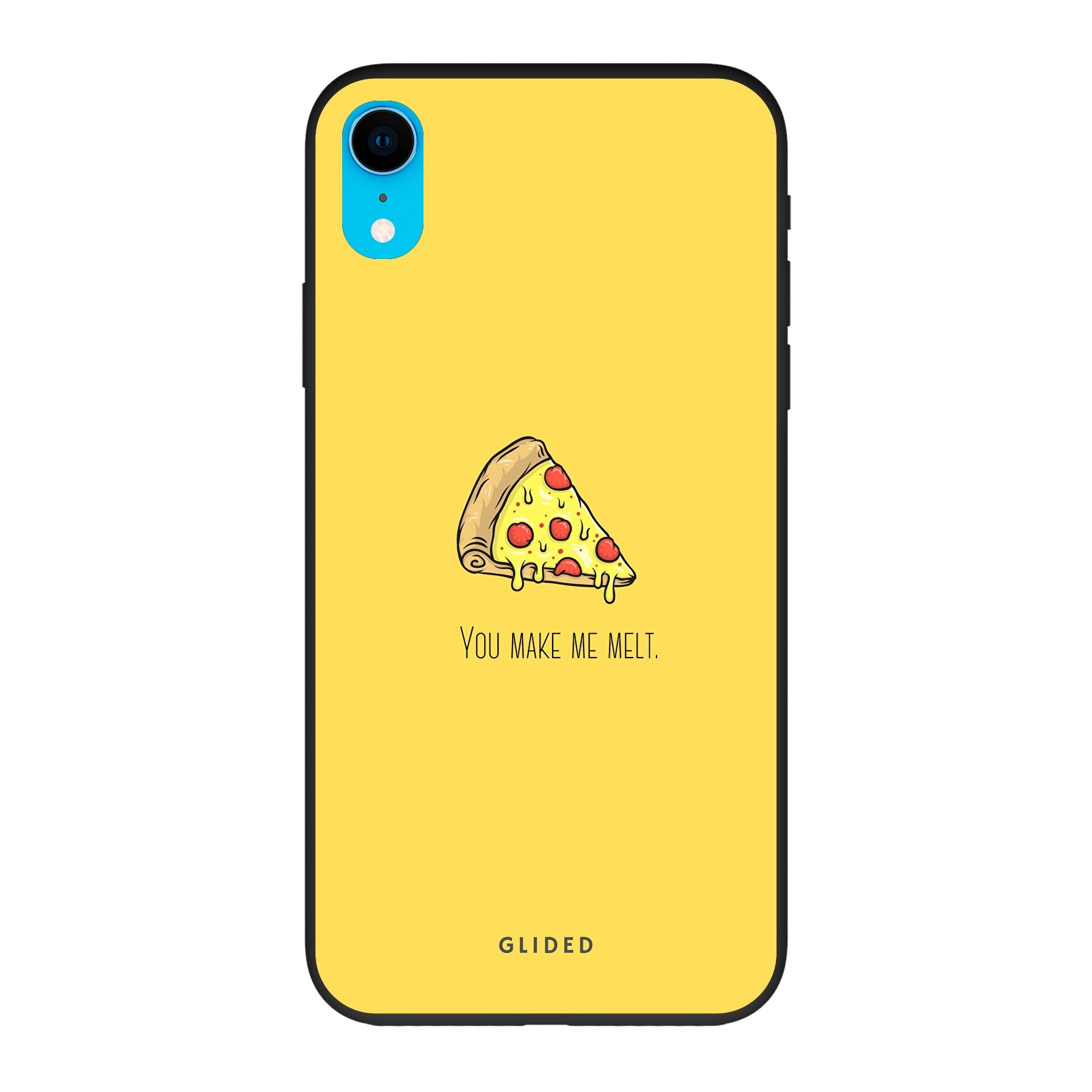 Flirty Pizza iPhone XR Handyhülle mit einem appetitlichen Pizza-Design und dem Spruch 'You make me melt'.