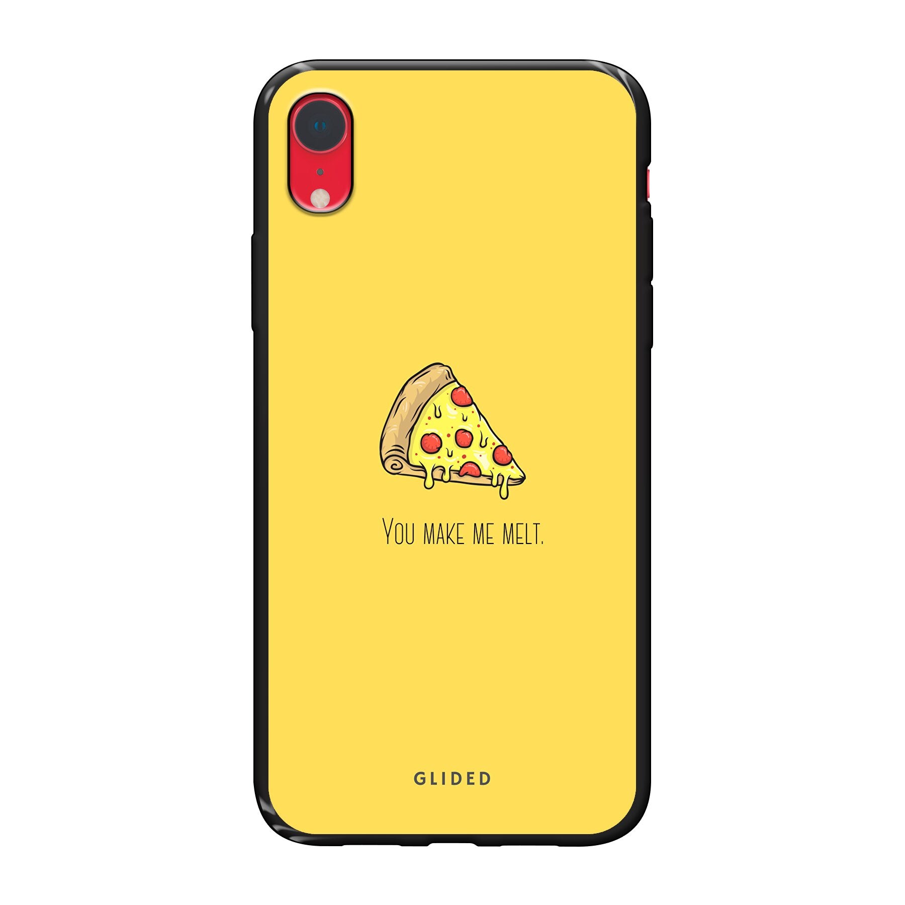 Flirty Pizza iPhone XR Handyhülle mit einem appetitlichen Pizza-Design und dem Spruch 'You make me melt'.