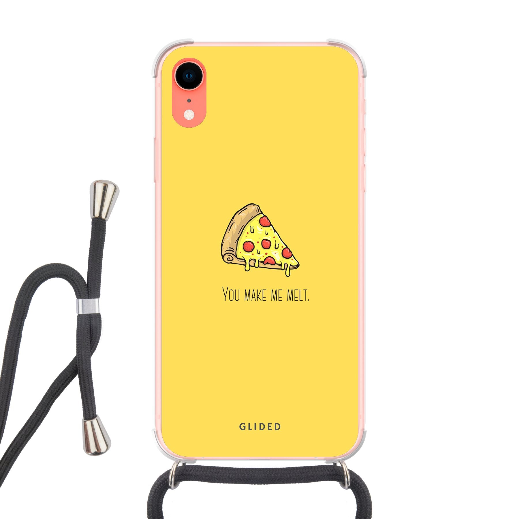 Flirty Pizza iPhone XR Handyhülle mit einem appetitlichen Pizza-Design und dem Spruch 'You make me melt'.