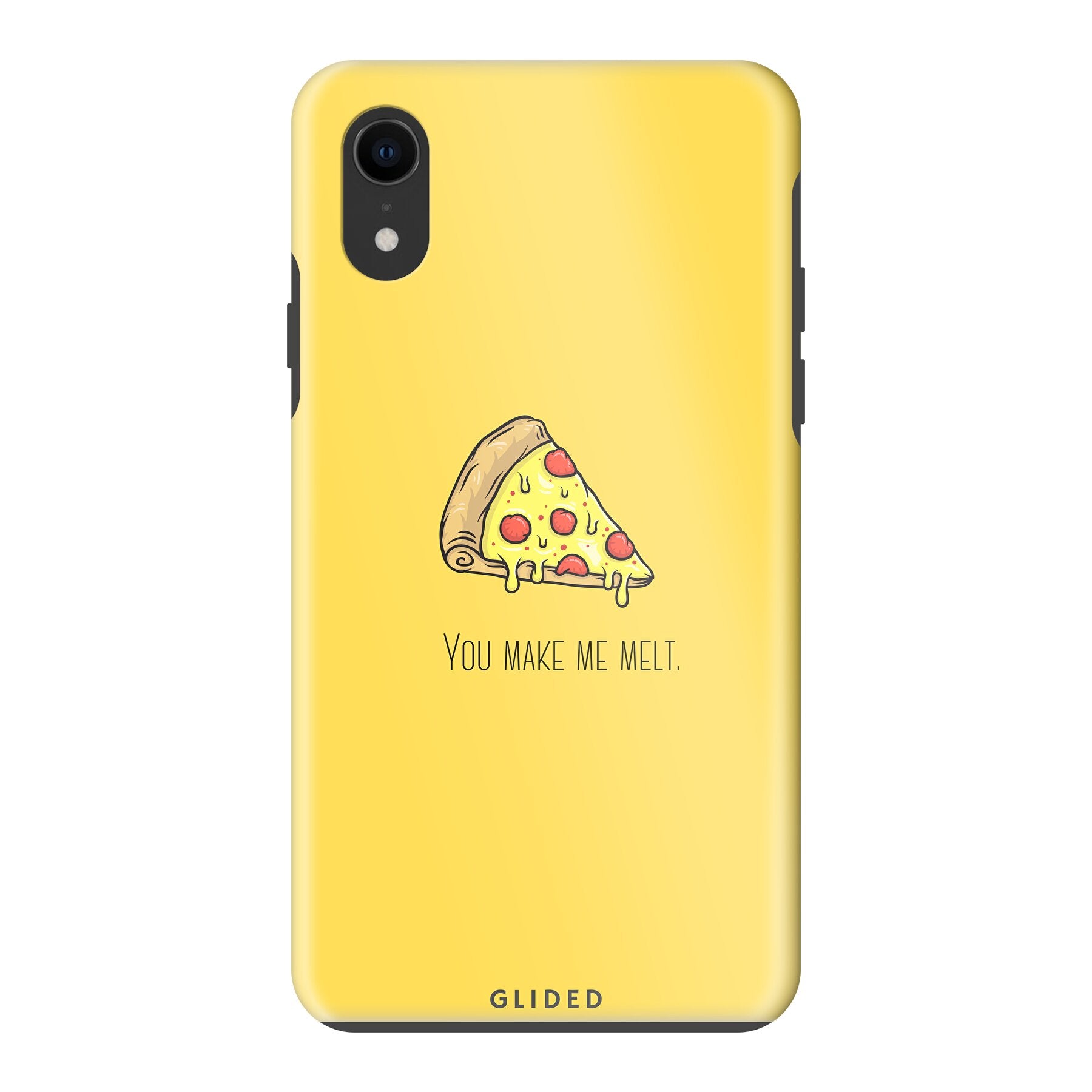 Flirty Pizza iPhone XR Handyhülle mit einem appetitlichen Pizza-Design und dem Spruch 'You make me melt'.