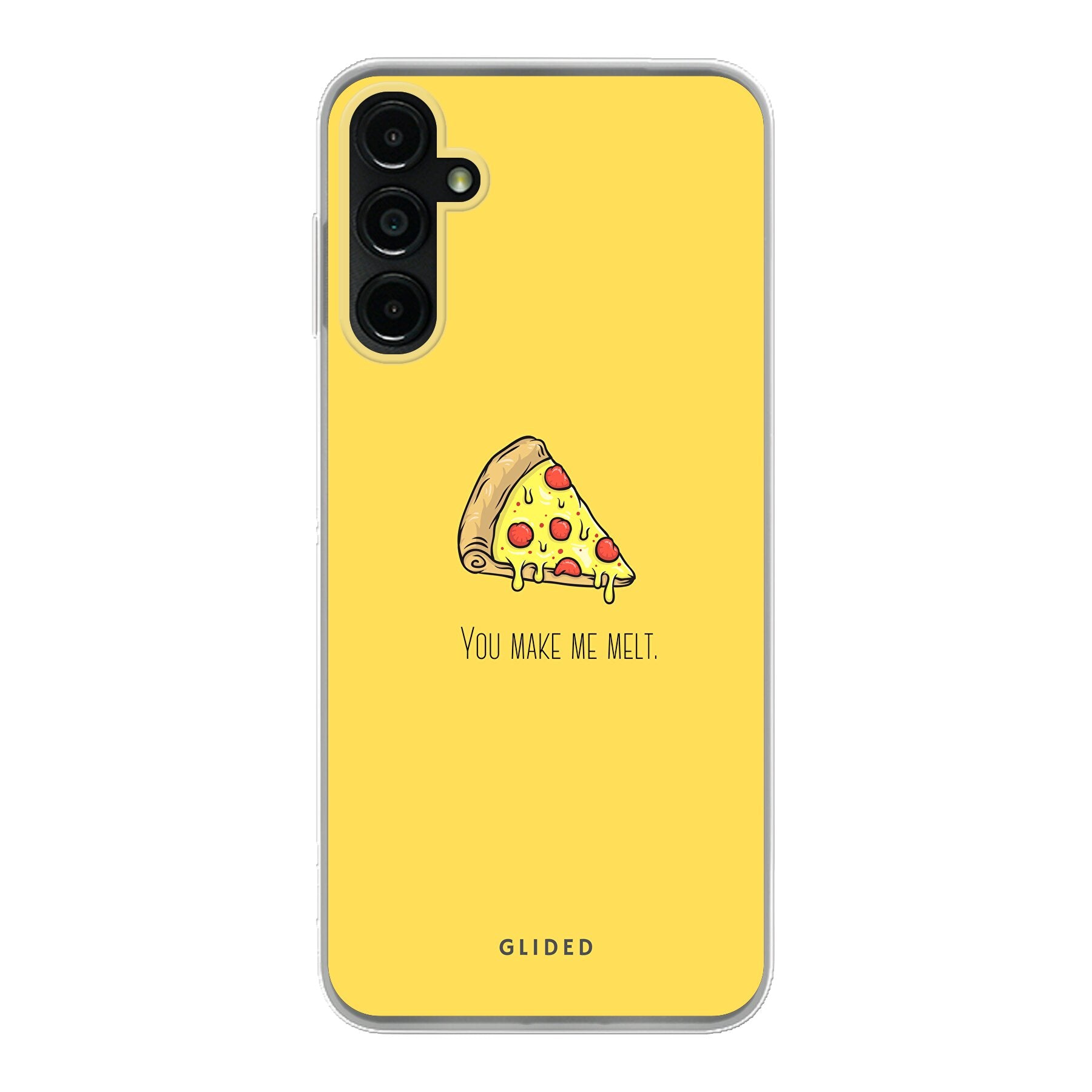 Flirty Pizza Handyhülle für Samsung Galaxy A14 5G mit einem appetitlichen Pizzastück und dem Text 'You make me melt'.