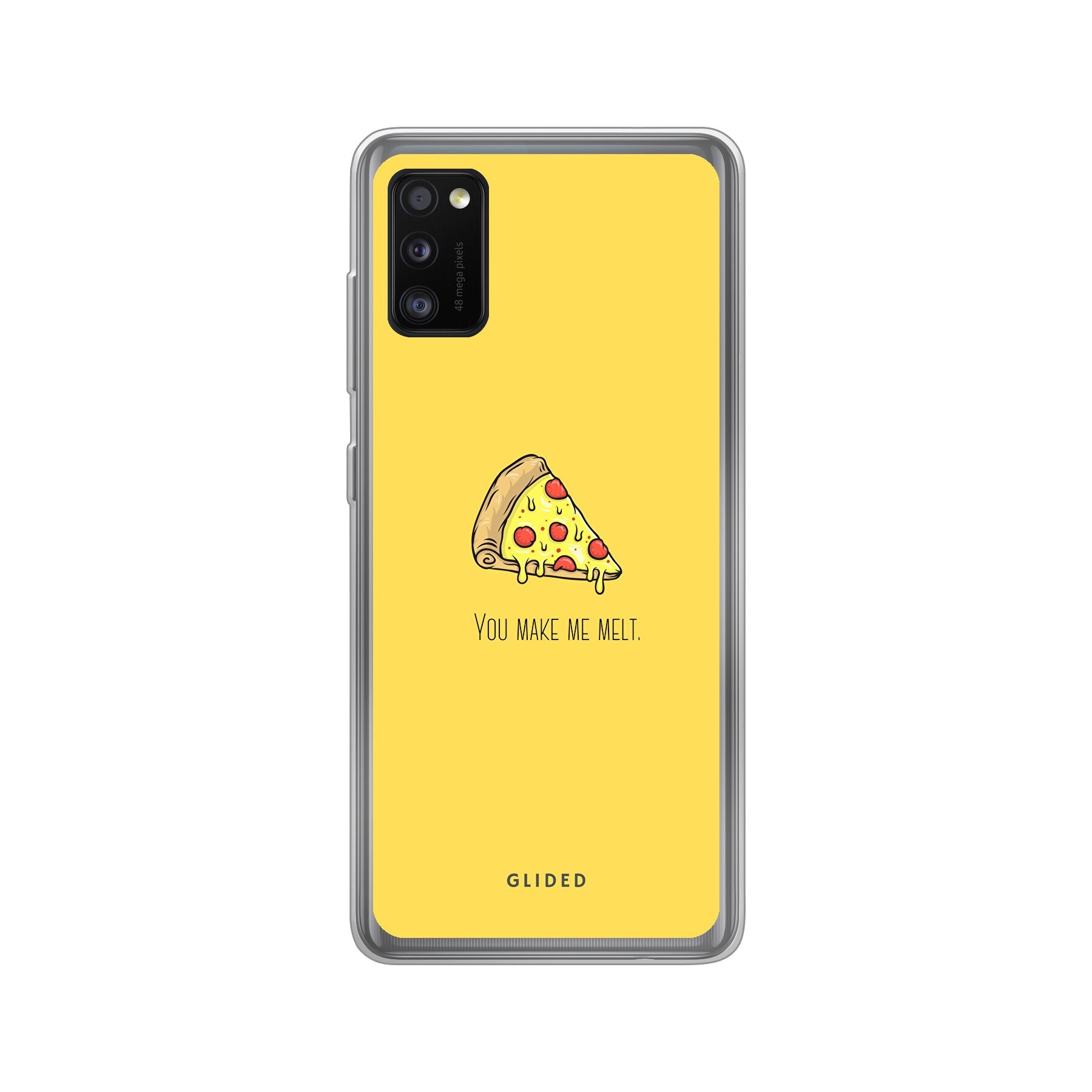 Flirty Pizza Handyhülle für Samsung Galaxy A41 mit einem appetitlichen Pizza-Motiv und dem Spruch 'You make me melt'.