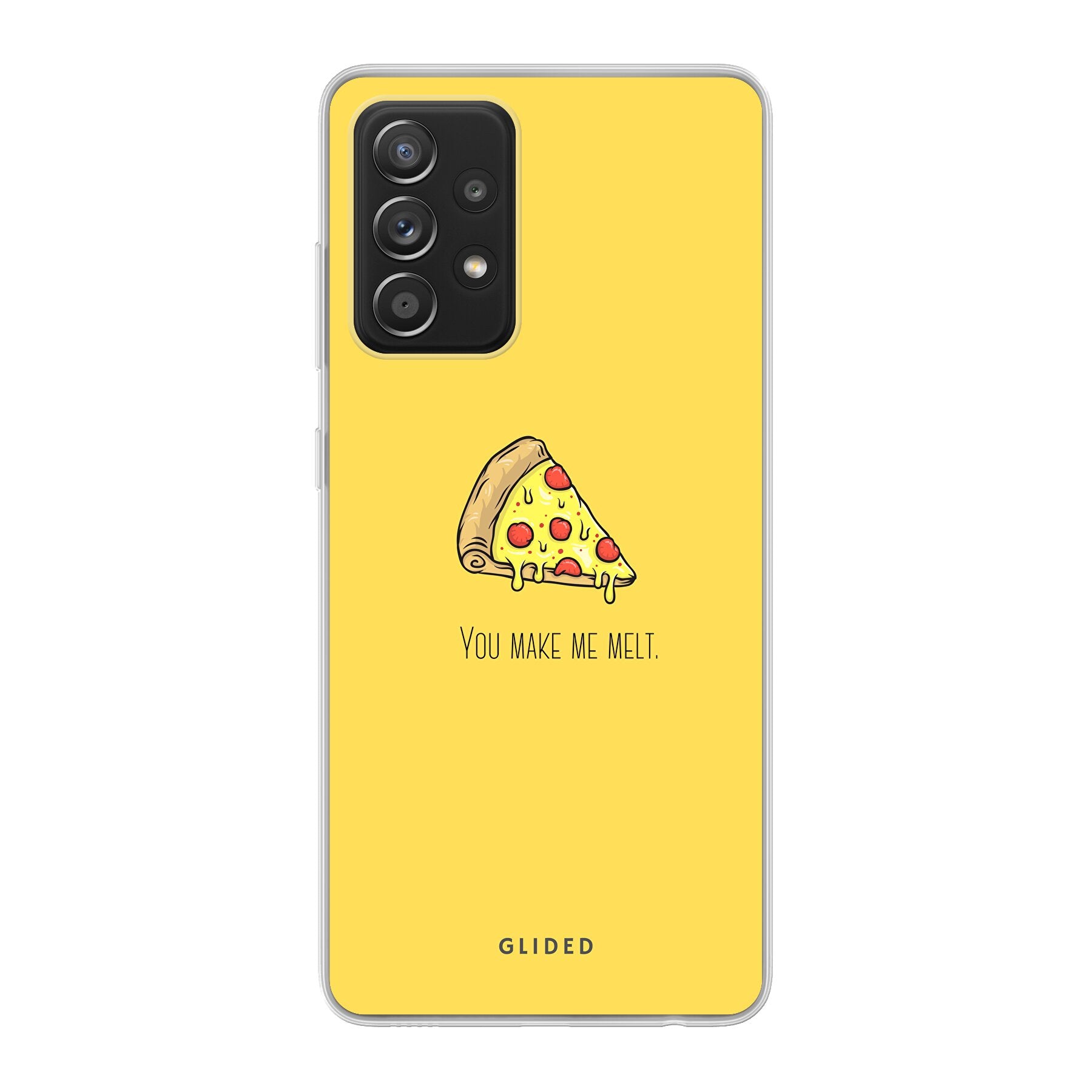 Flirty Pizza Handyhülle für Samsung Galaxy A52, A52 5G und A52s 5G mit einem appetitlichen Pizza-Design und dem Spruch 'You make me melt'.