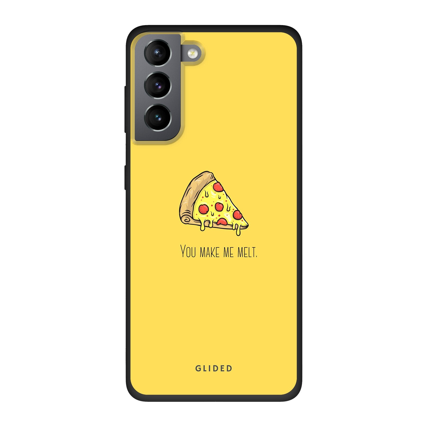 Flirty Pizza Handyhülle für Samsung Galaxy S10 mit einem appetitlichen Pizza-Design und dem Spruch 'You make me melt'.