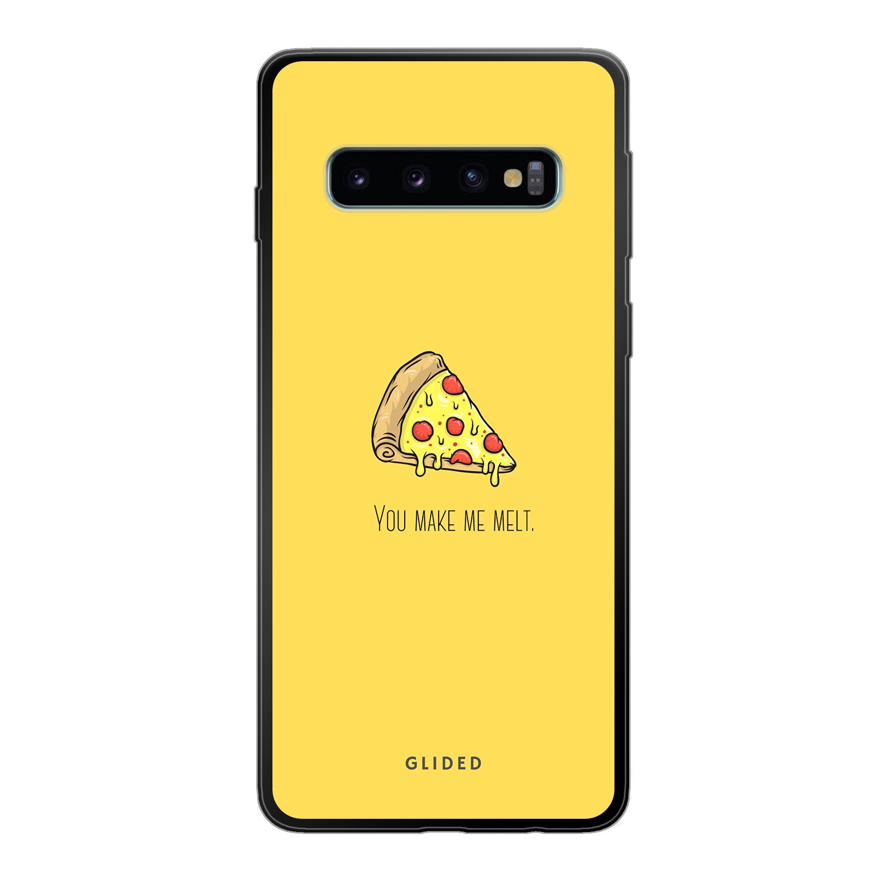 Flirty Pizza Handyhülle für Samsung Galaxy S10 mit einem appetitlichen Pizza-Design und dem Spruch 'You make me melt'.