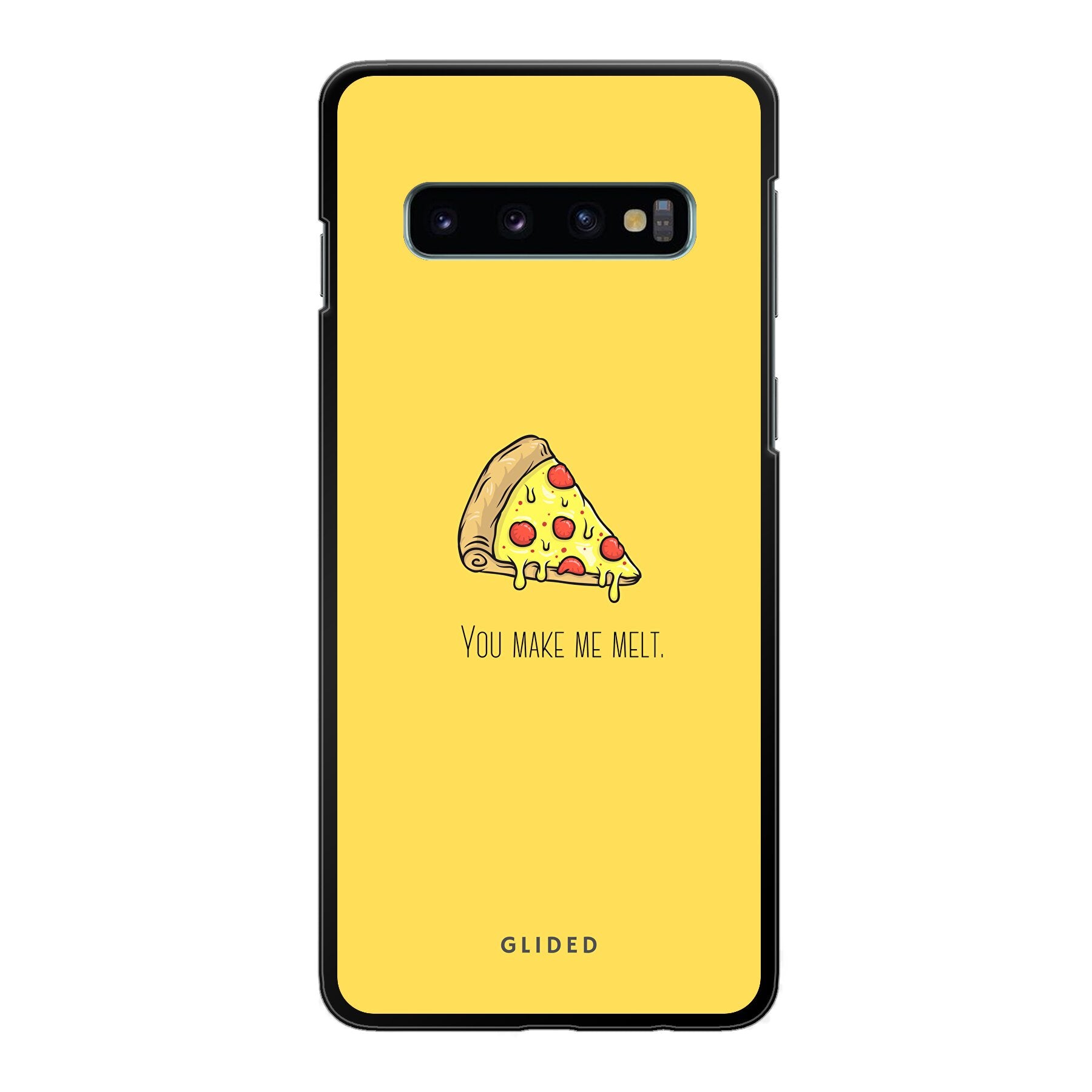 Flirty Pizza Handyhülle für Samsung Galaxy S10 mit einem appetitlichen Pizza-Design und dem Spruch 'You make me melt'.