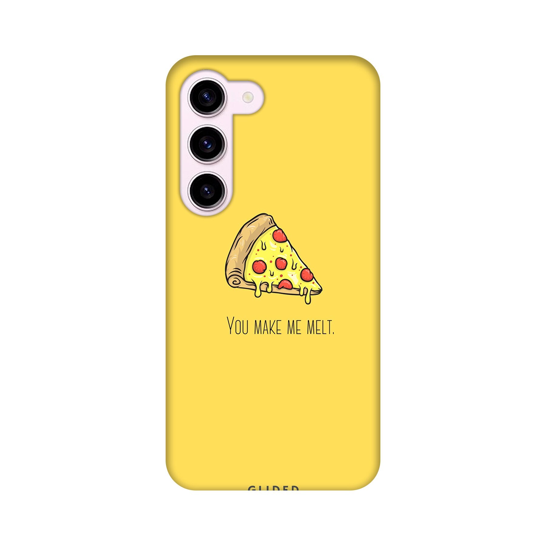 Flirty Pizza Handyhülle für Samsung Galaxy S23 mit einem appetitlichen Pizza-Design und dem Spruch 'You make me melt'.