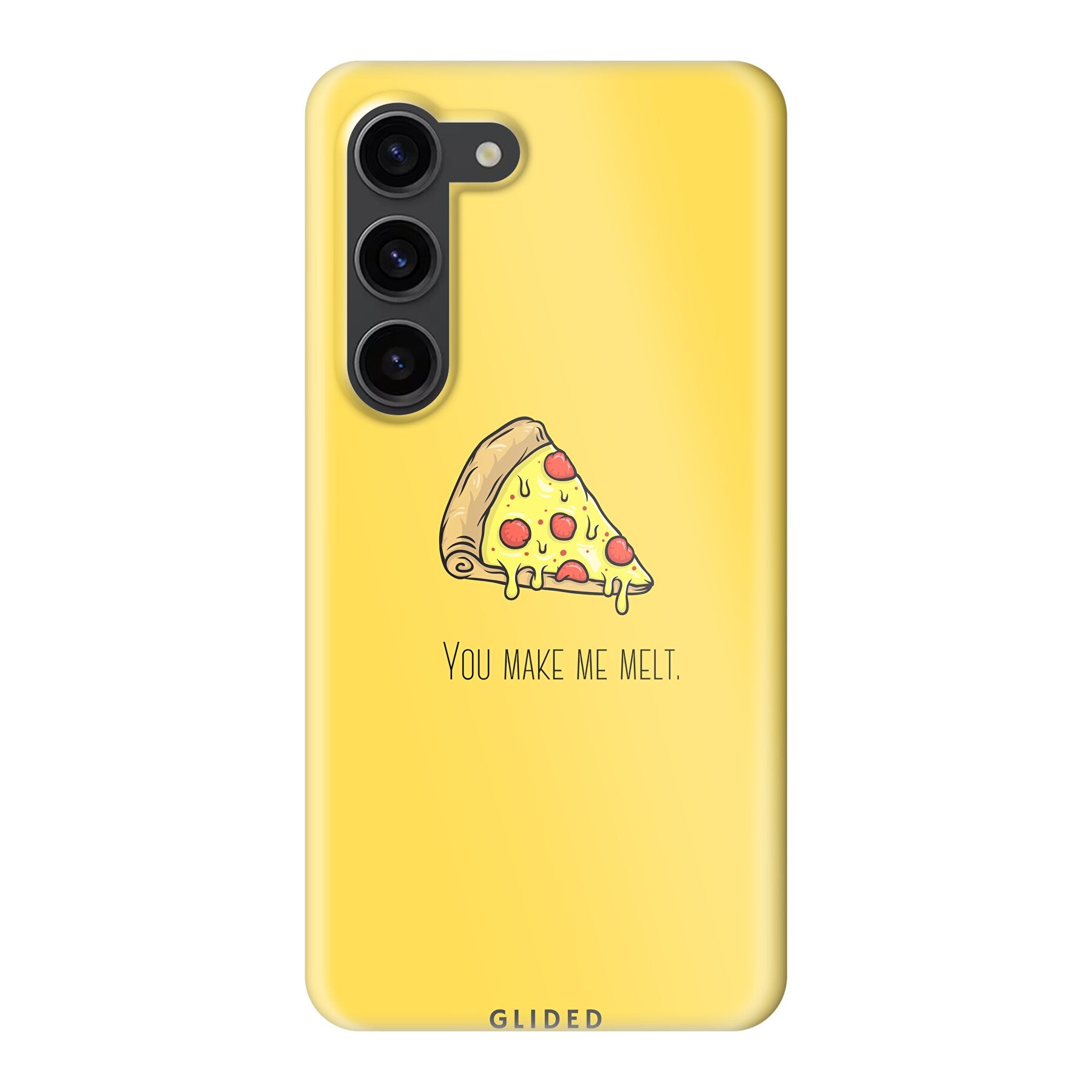 Flirty Pizza Handyhülle für Samsung Galaxy S23 mit einem appetitlichen Pizza-Design und dem Spruch 'You make me melt'.