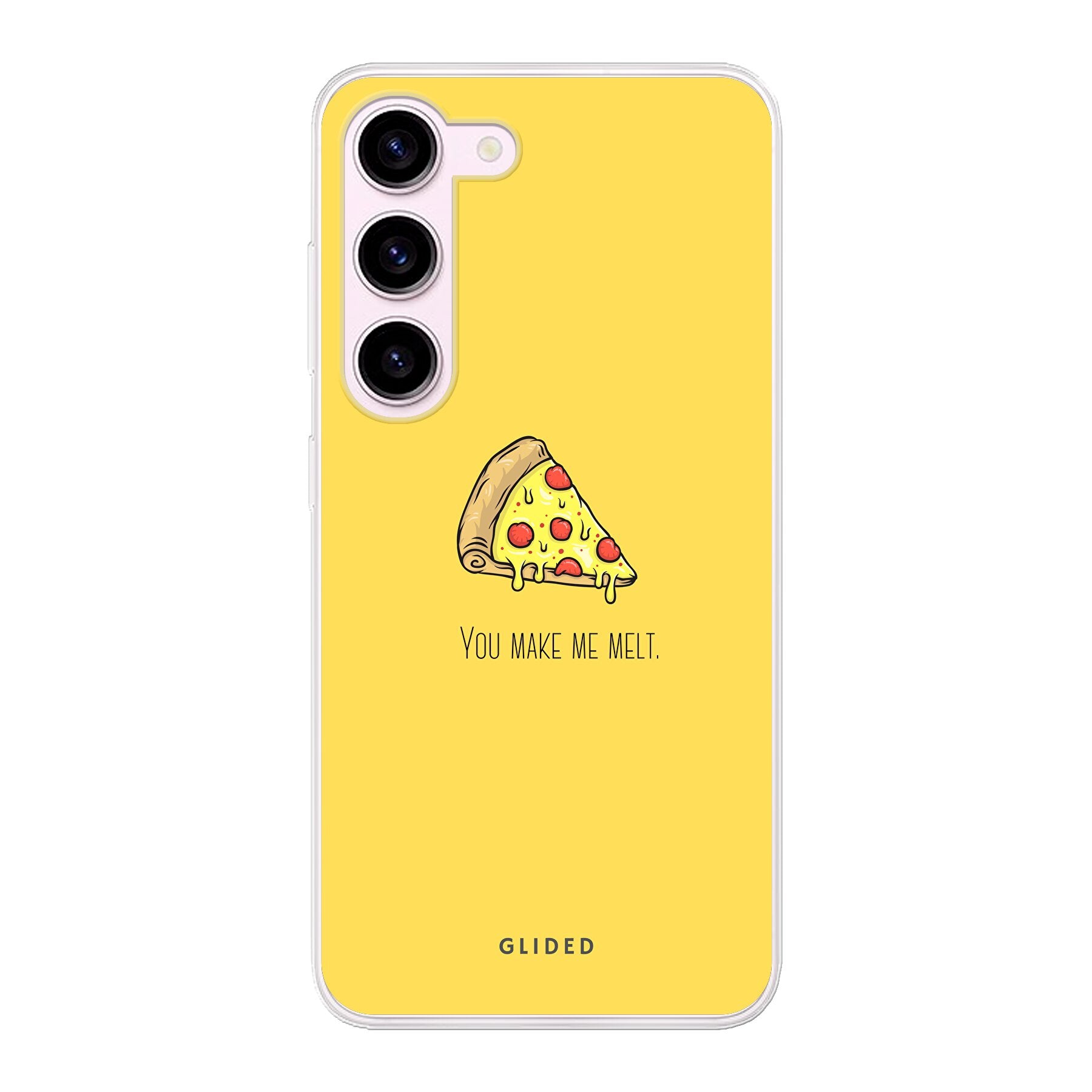 Flirty Pizza Handyhülle für Samsung Galaxy S23 mit einem appetitlichen Pizza-Design und dem Spruch 'You make me melt'.