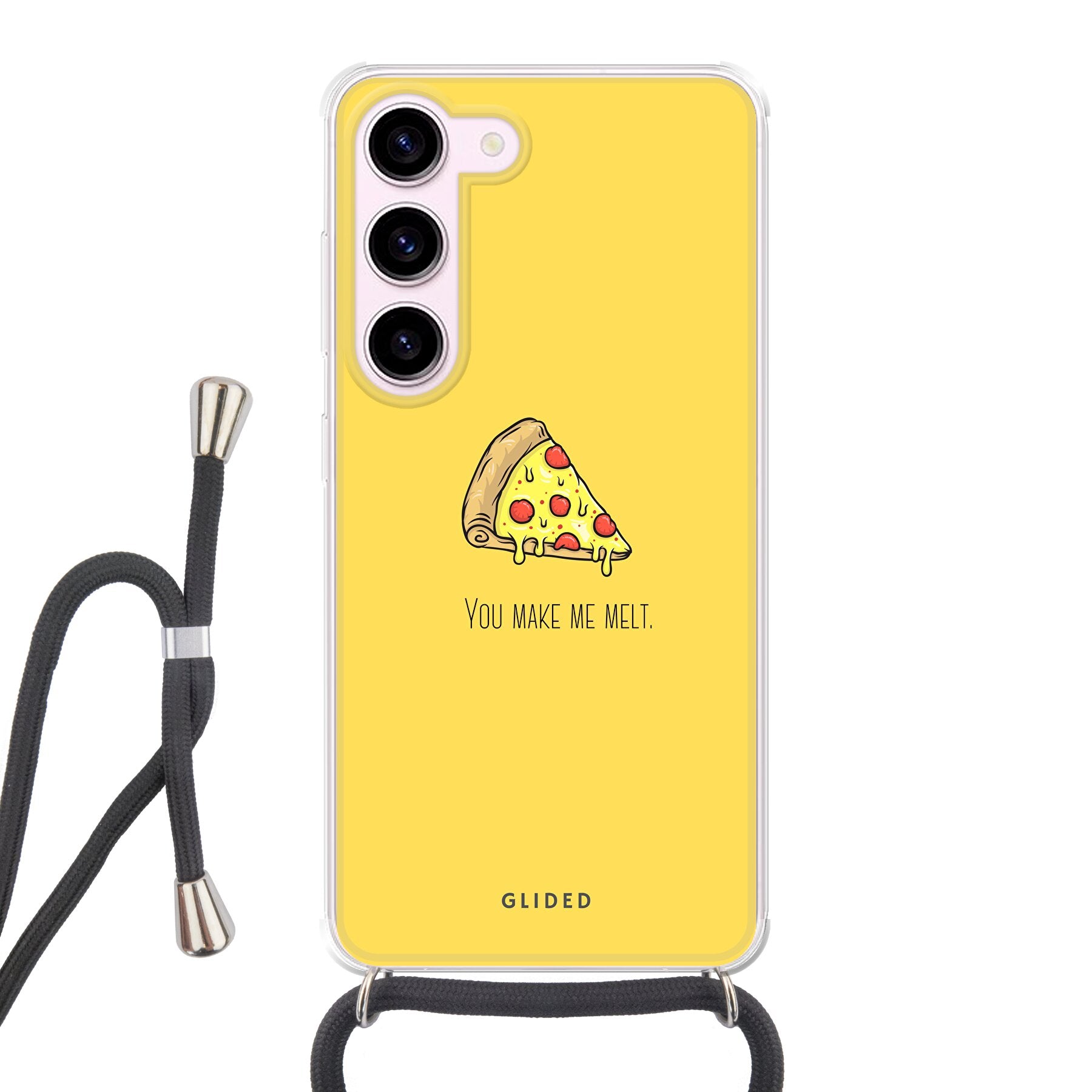 Flirty Pizza Handyhülle für Samsung Galaxy S23 mit einem appetitlichen Pizza-Design und dem Spruch 'You make me melt'.