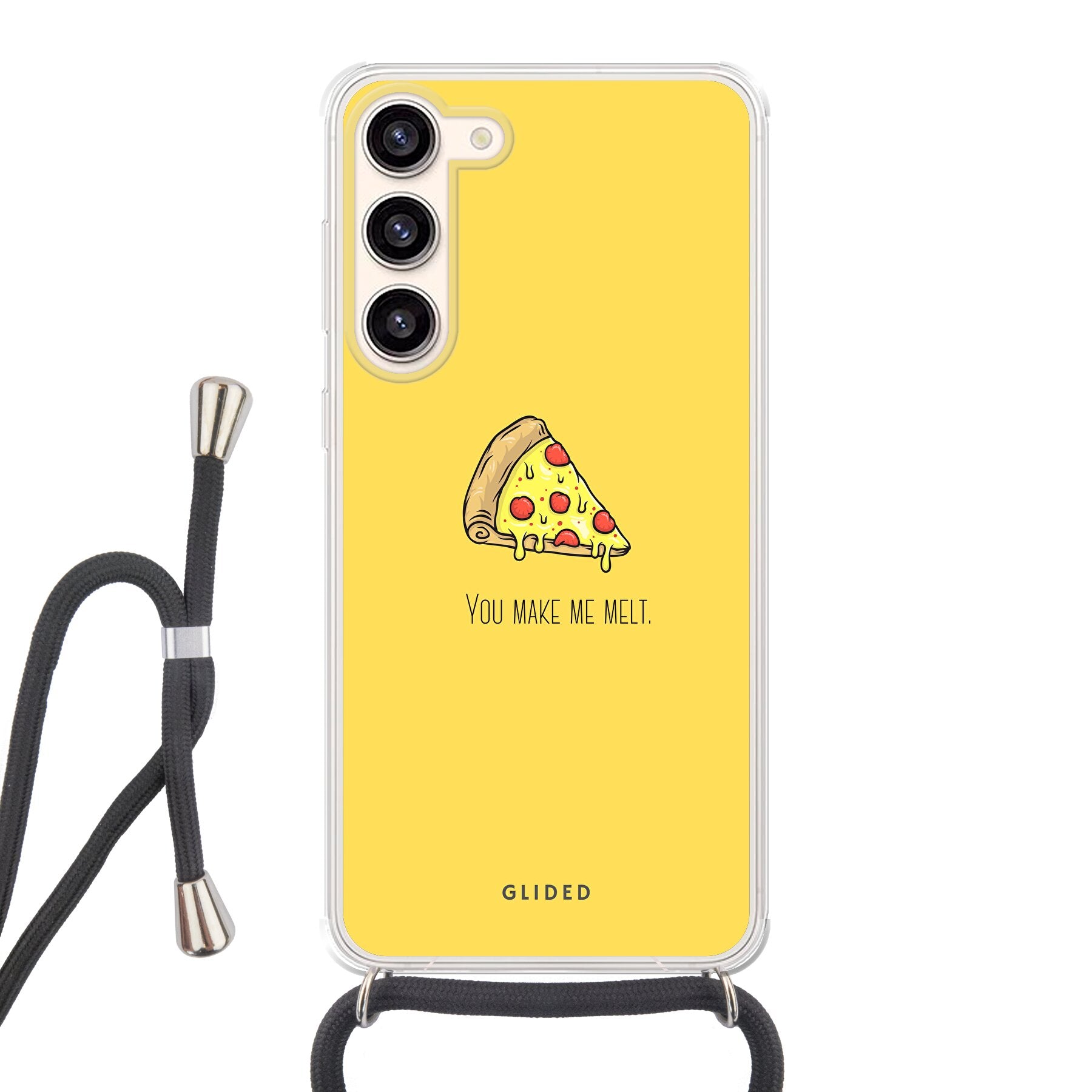 Flirty Pizza Handyhülle für Samsung Galaxy S23 Plus mit einem appetitlichen Pizza-Design und dem Spruch 'You make me melt'.