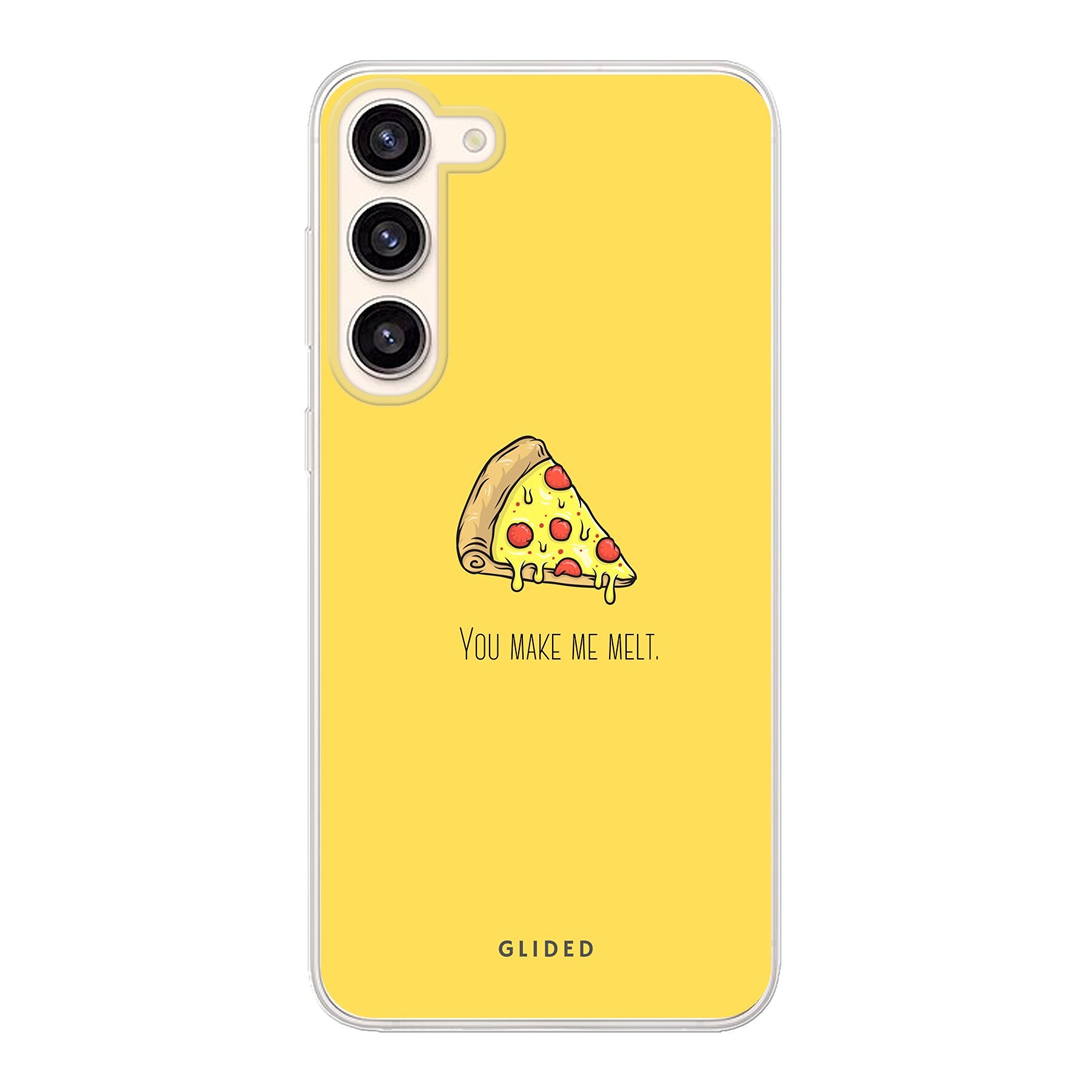 Flirty Pizza Handyhülle für Samsung Galaxy S23 Plus mit einem appetitlichen Pizza-Design und dem Spruch 'You make me melt'.