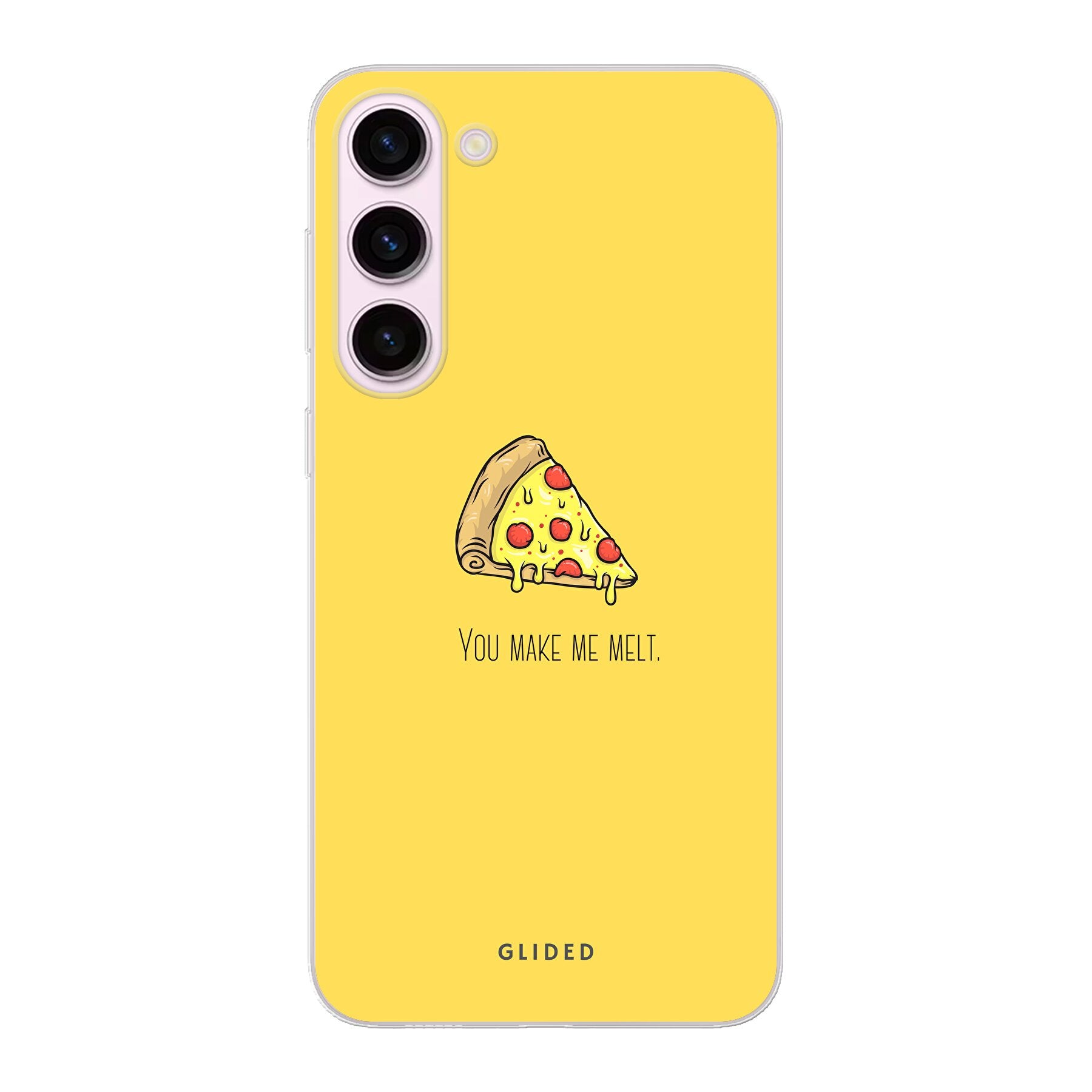 Flirty Pizza Handyhülle für Samsung Galaxy S23 Plus mit einem appetitlichen Pizza-Design und dem Spruch 'You make me melt'.