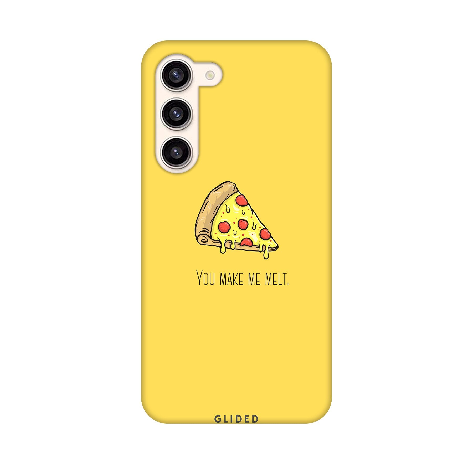 Flirty Pizza Handyhülle für Samsung Galaxy S23 Plus mit einem appetitlichen Pizza-Design und dem Spruch 'You make me melt'.