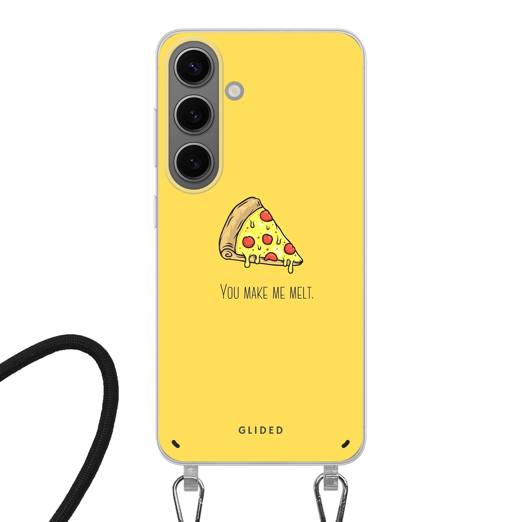 Flirty Pizza Handyhülle für Samsung Galaxy S24 mit einem appetitlichen Pizza-Design und dem Spruch 'You make me melt'.