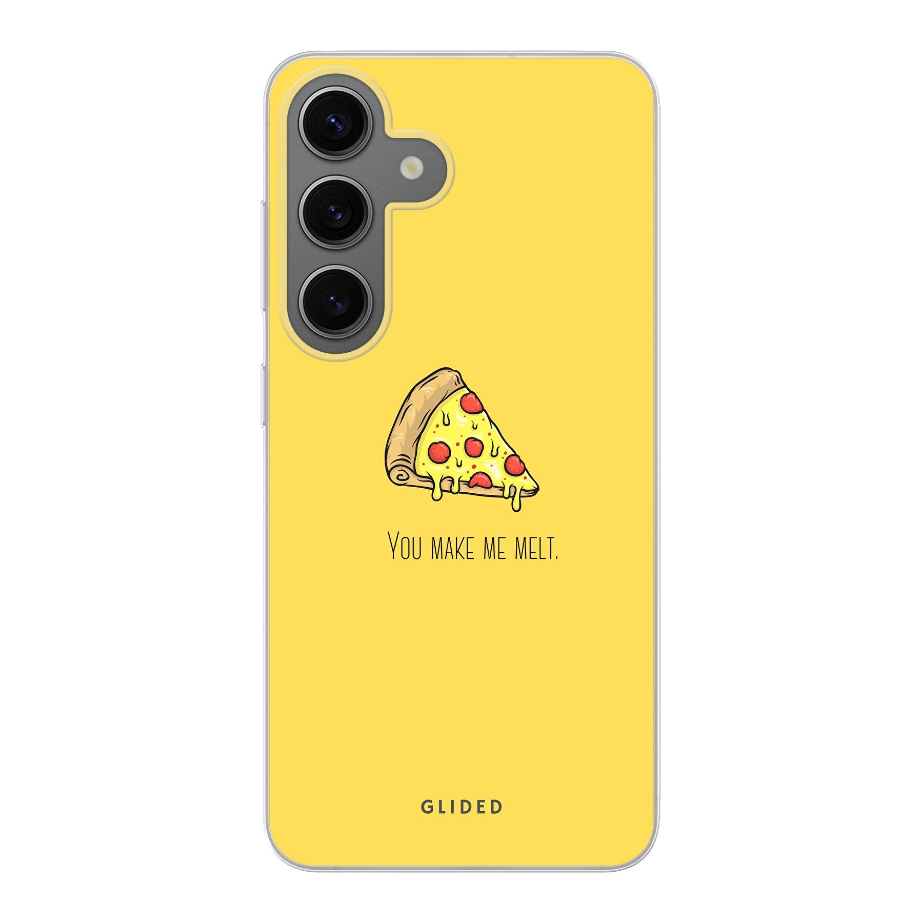 Flirty Pizza Handyhülle für Samsung Galaxy S24 mit einem appetitlichen Pizza-Design und dem Spruch 'You make me melt'.