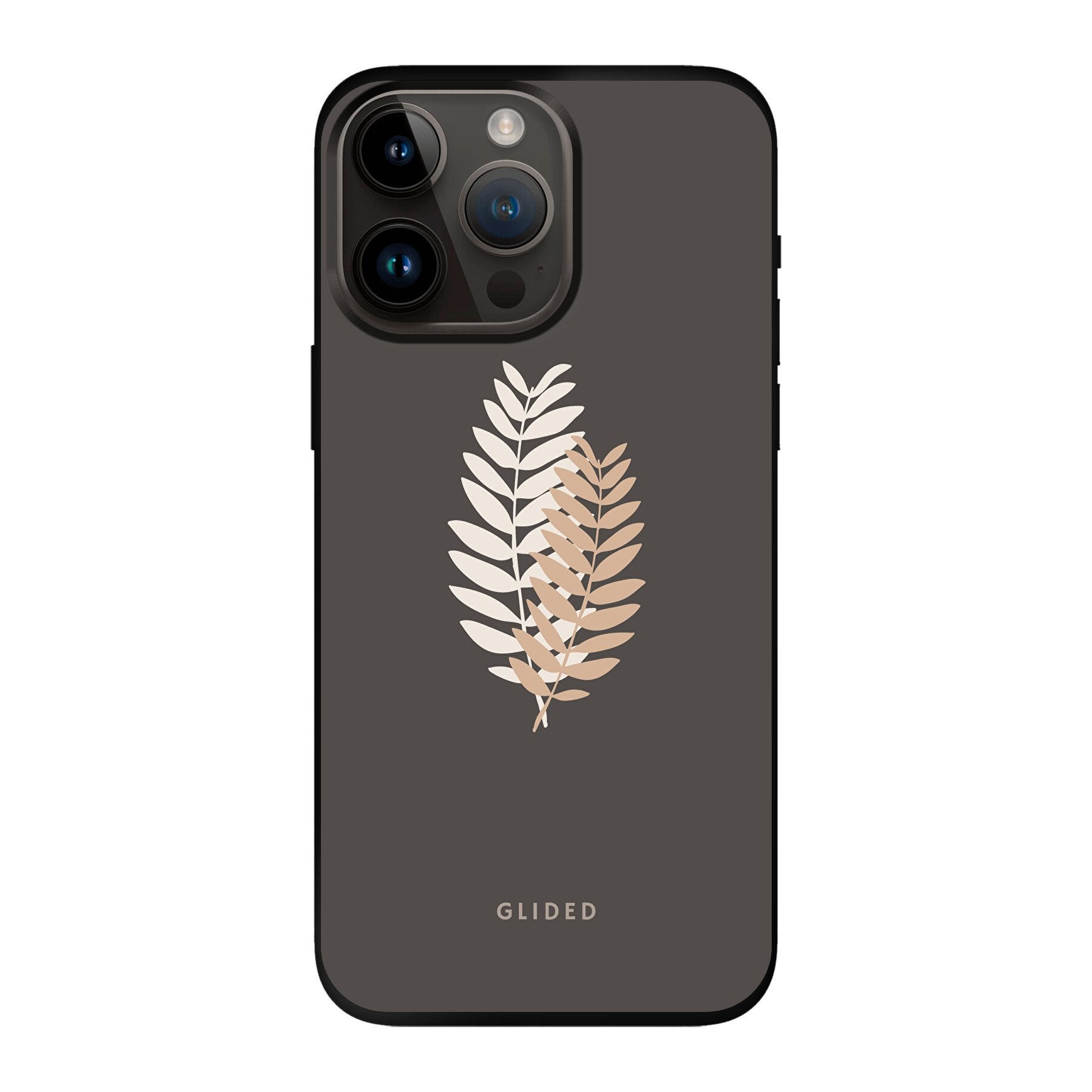 Florage iPhone 14 Pro Max Handyhülle mit Pflanzenabbildung auf dunklem Hintergrund, bietet stilvollen Schutz und einzigartiges Design.