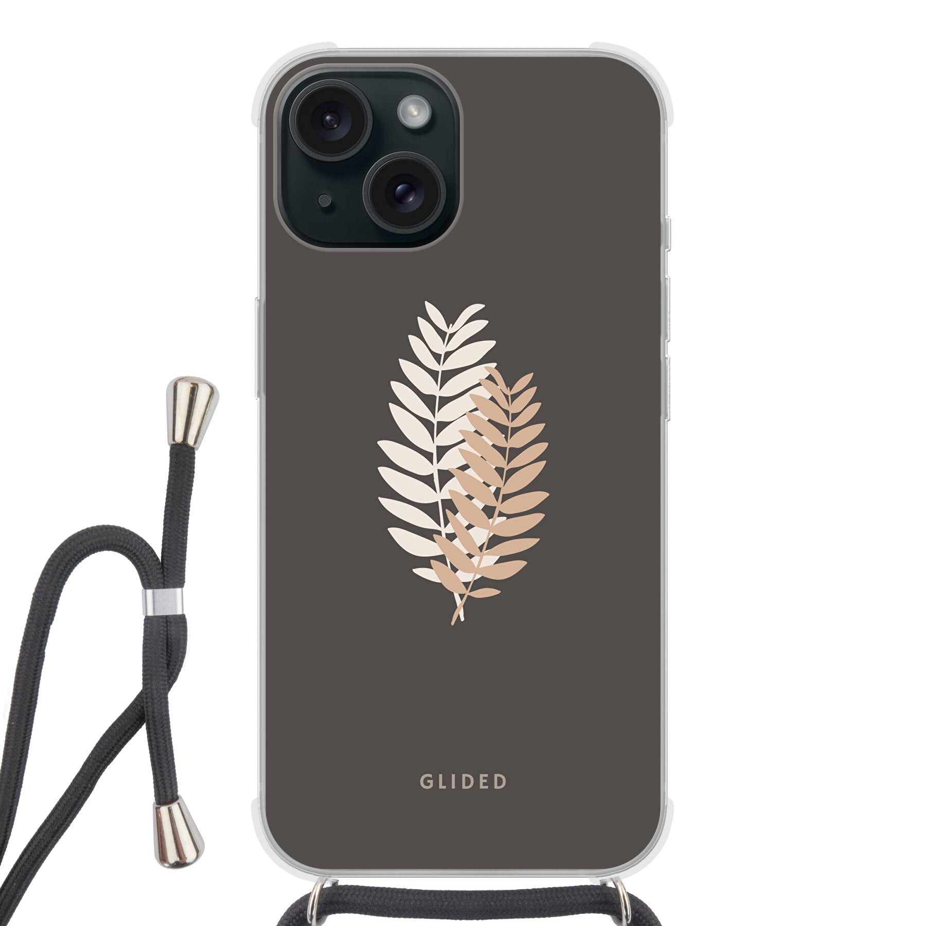 Florage iPhone 15 Handyhülle mit Pflanzenabbildung auf dunklem Hintergrund, bietet stilvollen Schutz und einzigartiges Design.