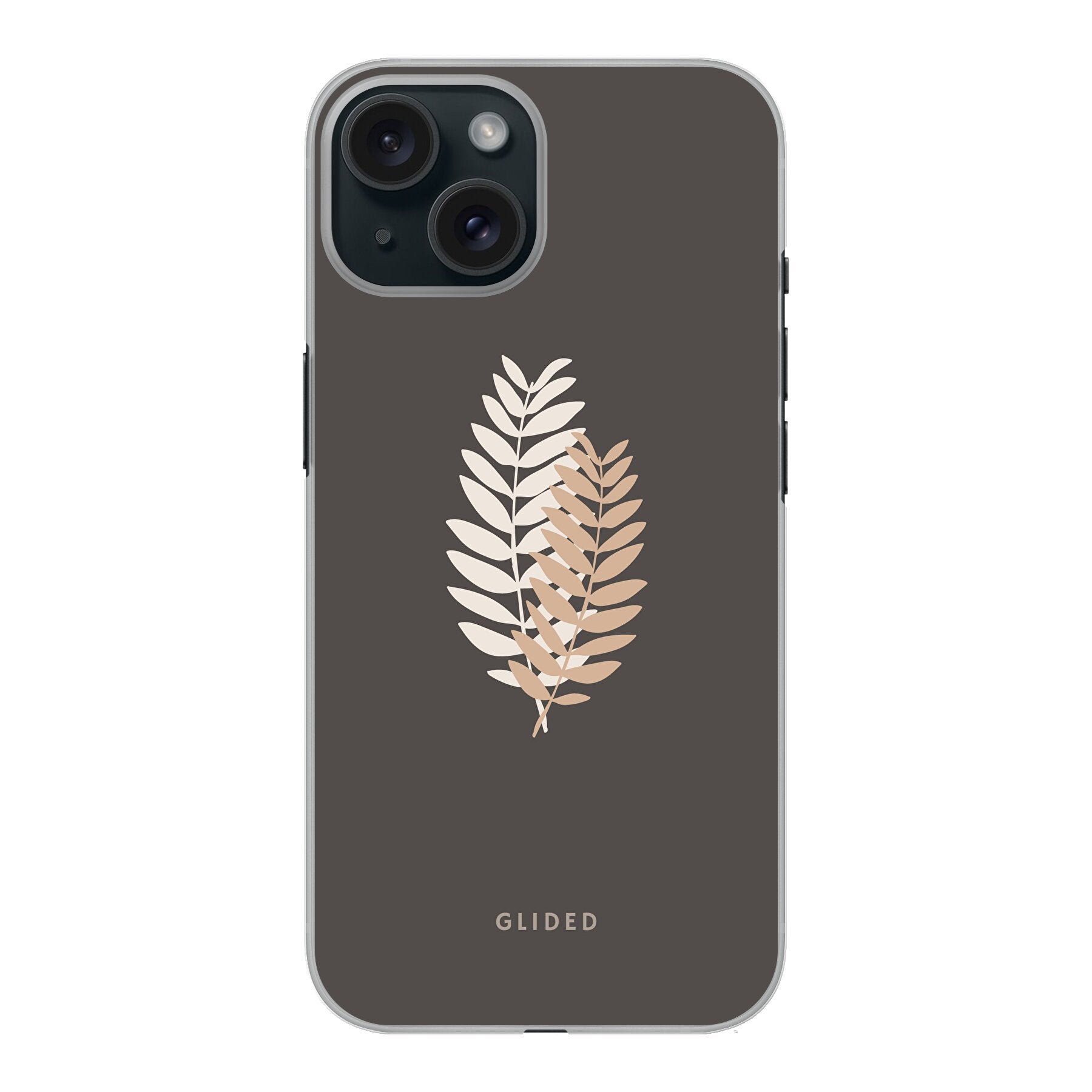 Florage iPhone 15 Handyhülle mit Pflanzenabbildung auf dunklem Hintergrund, bietet stilvollen Schutz und einzigartiges Design.