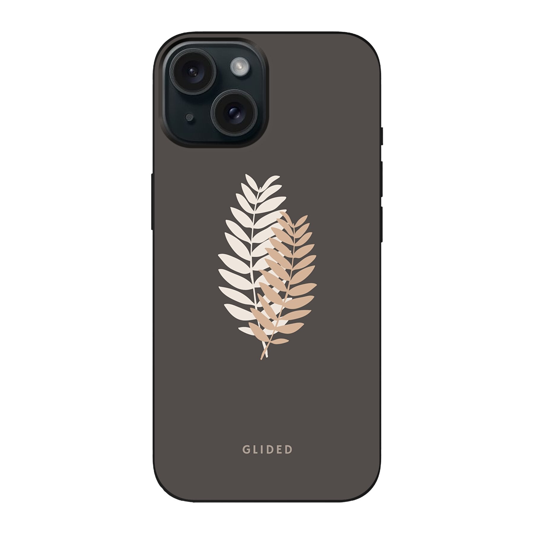 Florage iPhone 15 Handyhülle mit Pflanzenabbildung auf dunklem Hintergrund, bietet stilvollen Schutz und einzigartiges Design.