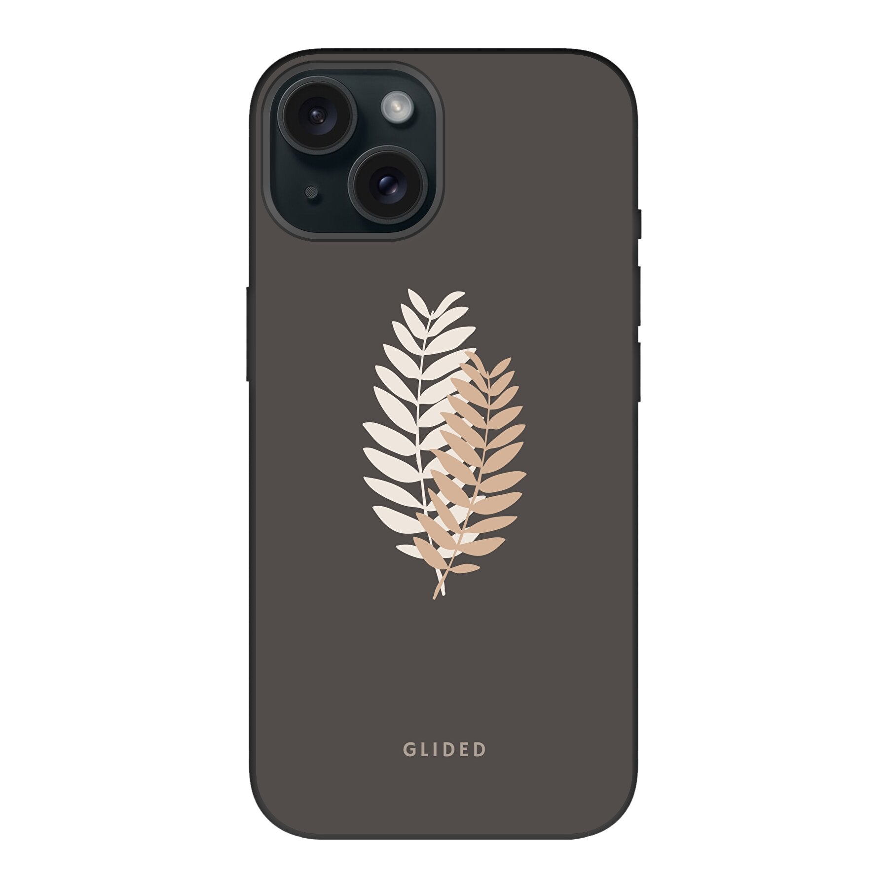 Florage iPhone 15 Handyhülle mit Pflanzenabbildung auf dunklem Hintergrund, bietet stilvollen Schutz und einzigartiges Design.