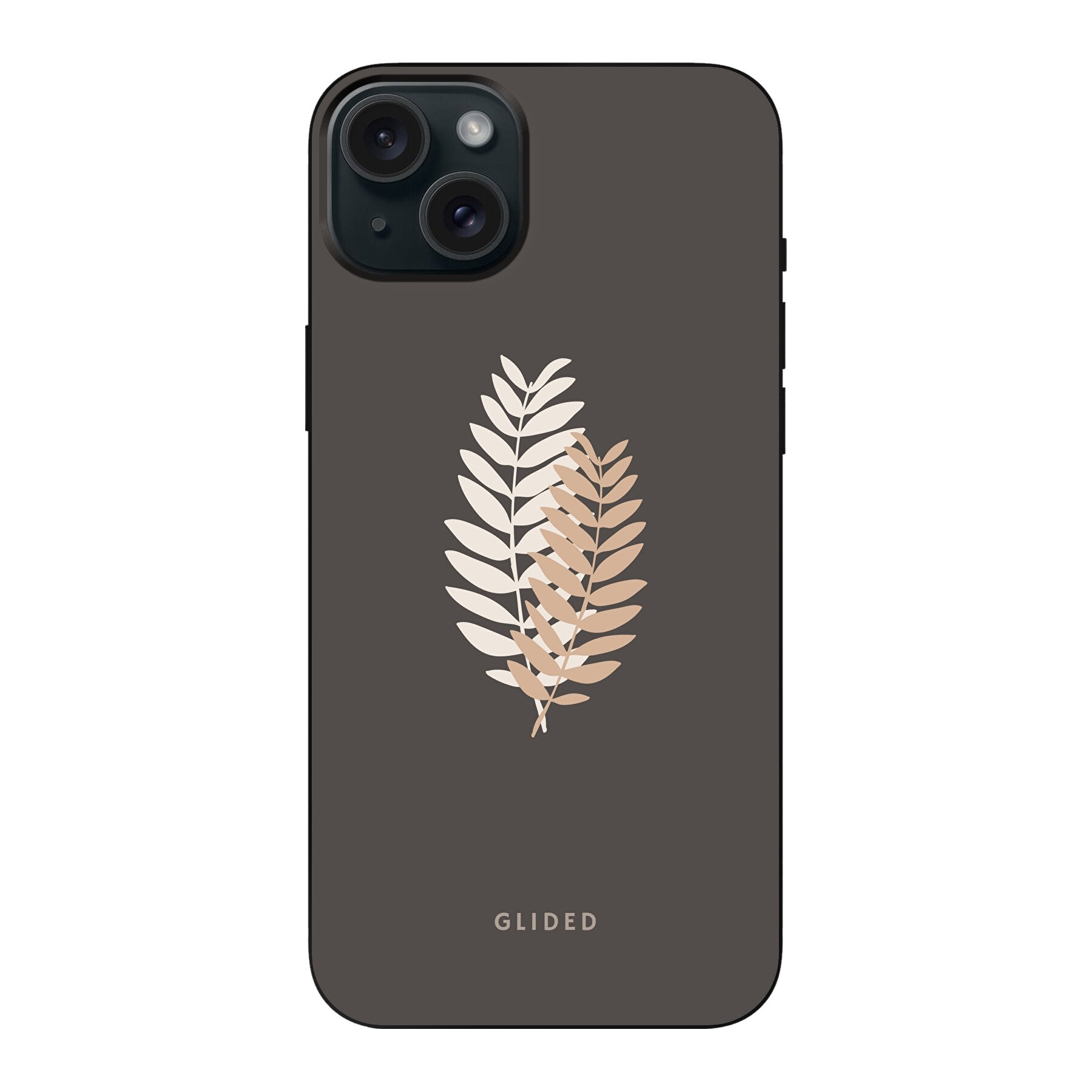 Florage iPhone 15 Plus Handyhülle mit Pflanzenabbildung auf dunklem Hintergrund, bietet stilvollen Schutz und einzigartiges Design.