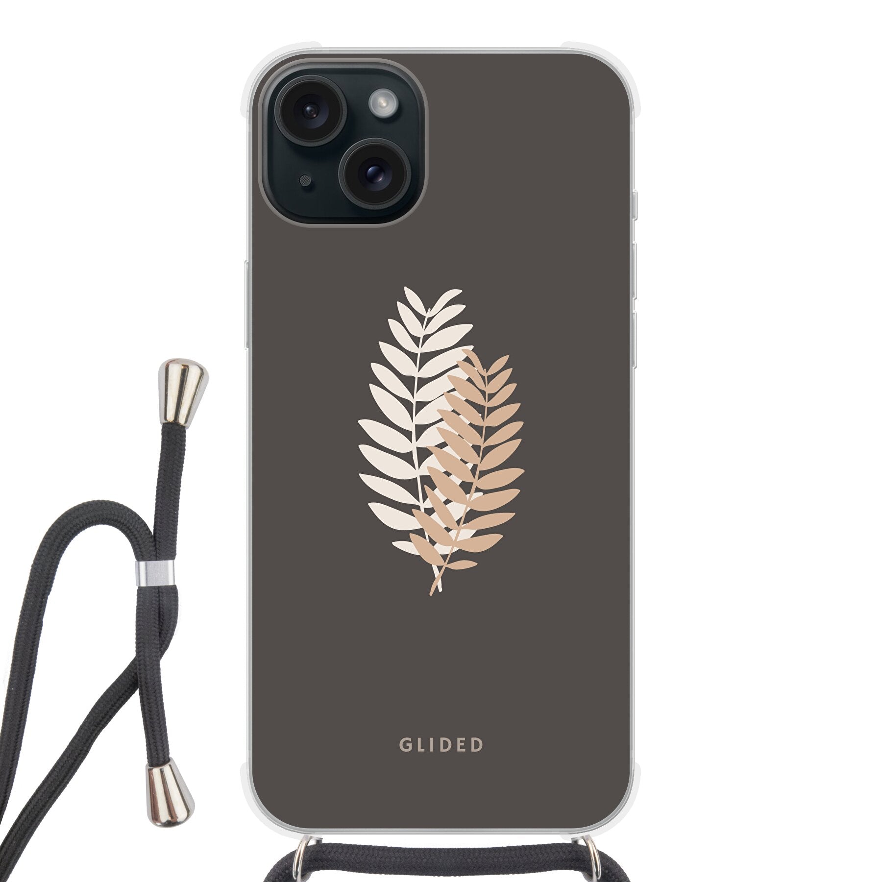 Florage iPhone 15 Plus Handyhülle mit Pflanzenabbildung auf dunklem Hintergrund, bietet stilvollen Schutz und einzigartiges Design.