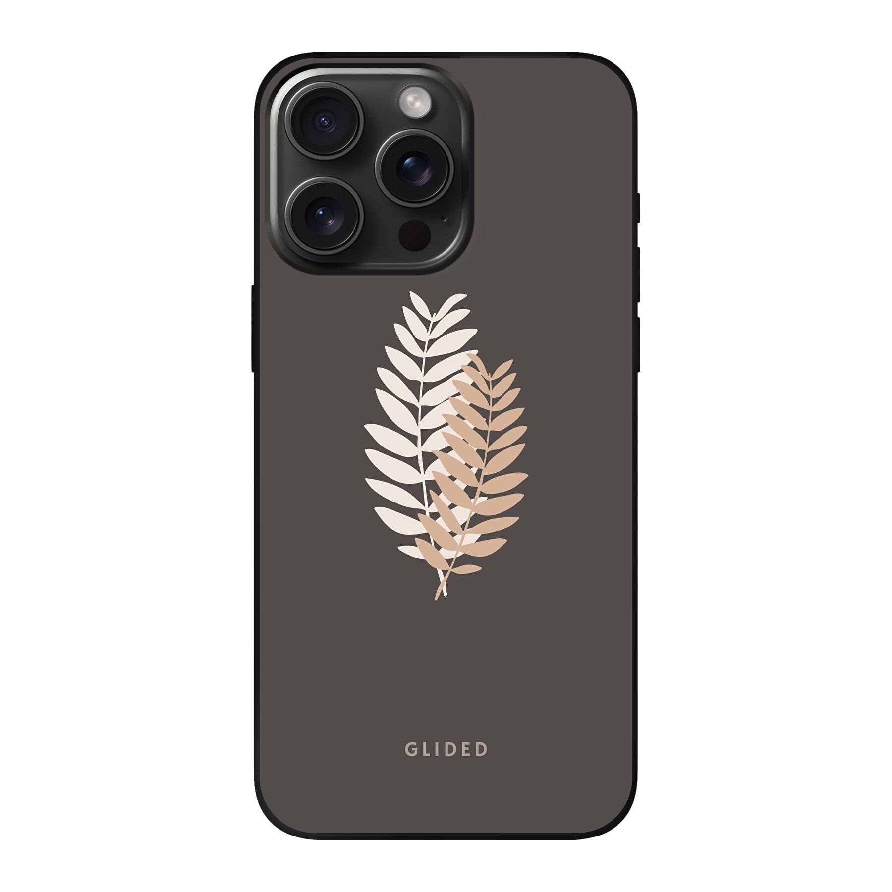 Florage iPhone 15 Pro Max Handyhülle mit Pflanzenabbildung auf dunklem Hintergrund, bietet stilvollen Schutz und einzigartiges Design.