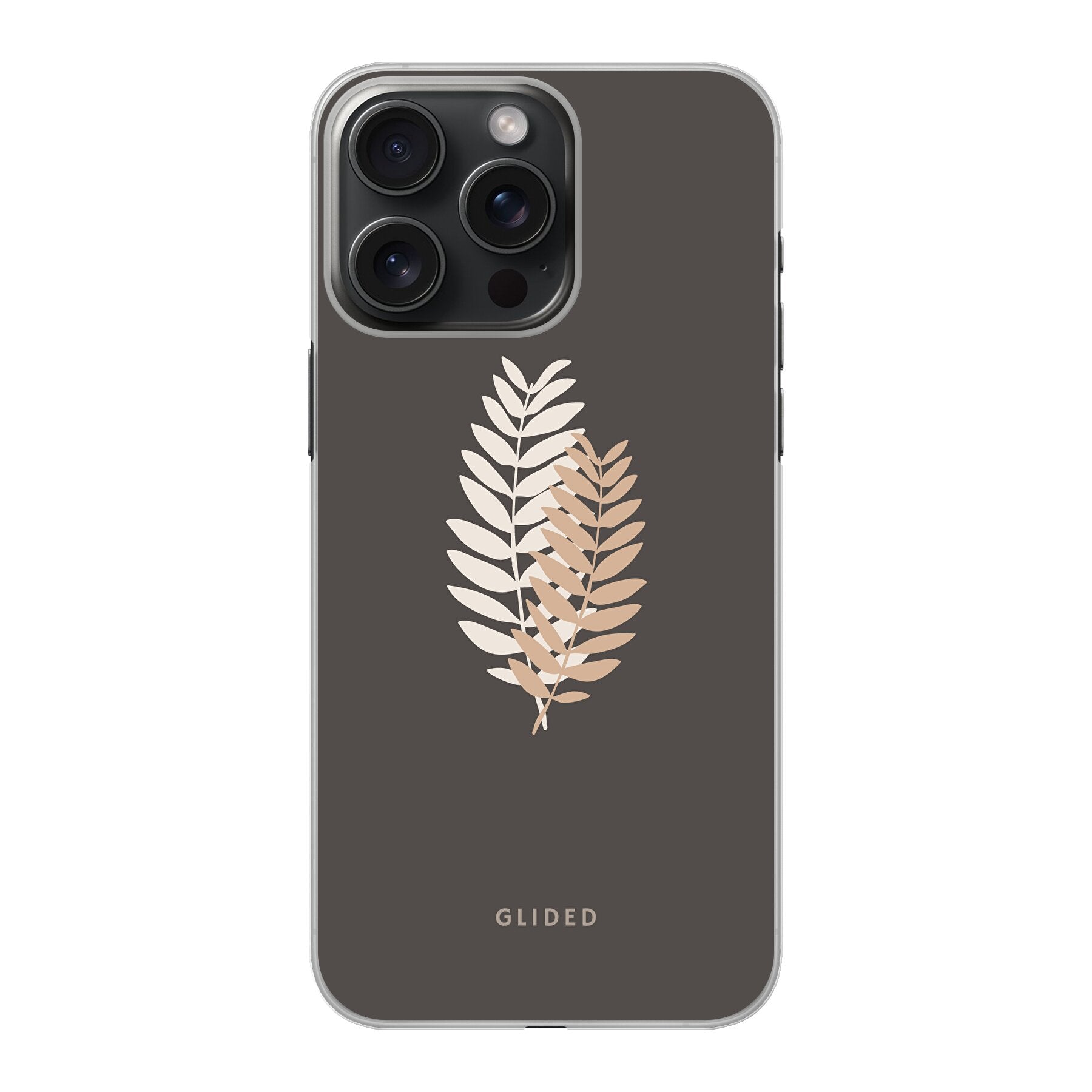 Florage iPhone 15 Pro Max Handyhülle mit Pflanzenabbildung auf dunklem Hintergrund, bietet stilvollen Schutz und einzigartiges Design.