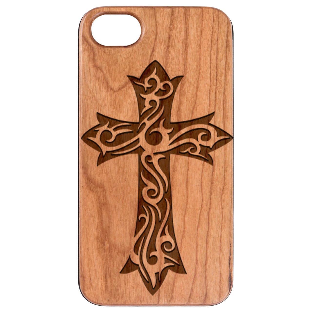 Floral Cross engraved wooden phone case showcasing intricate design and natural wood finish.