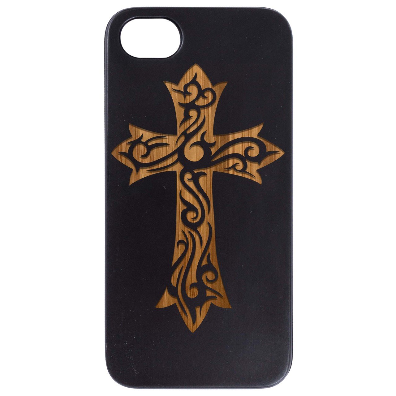 Floral Cross engraved wooden phone case showcasing intricate design and natural wood finish.