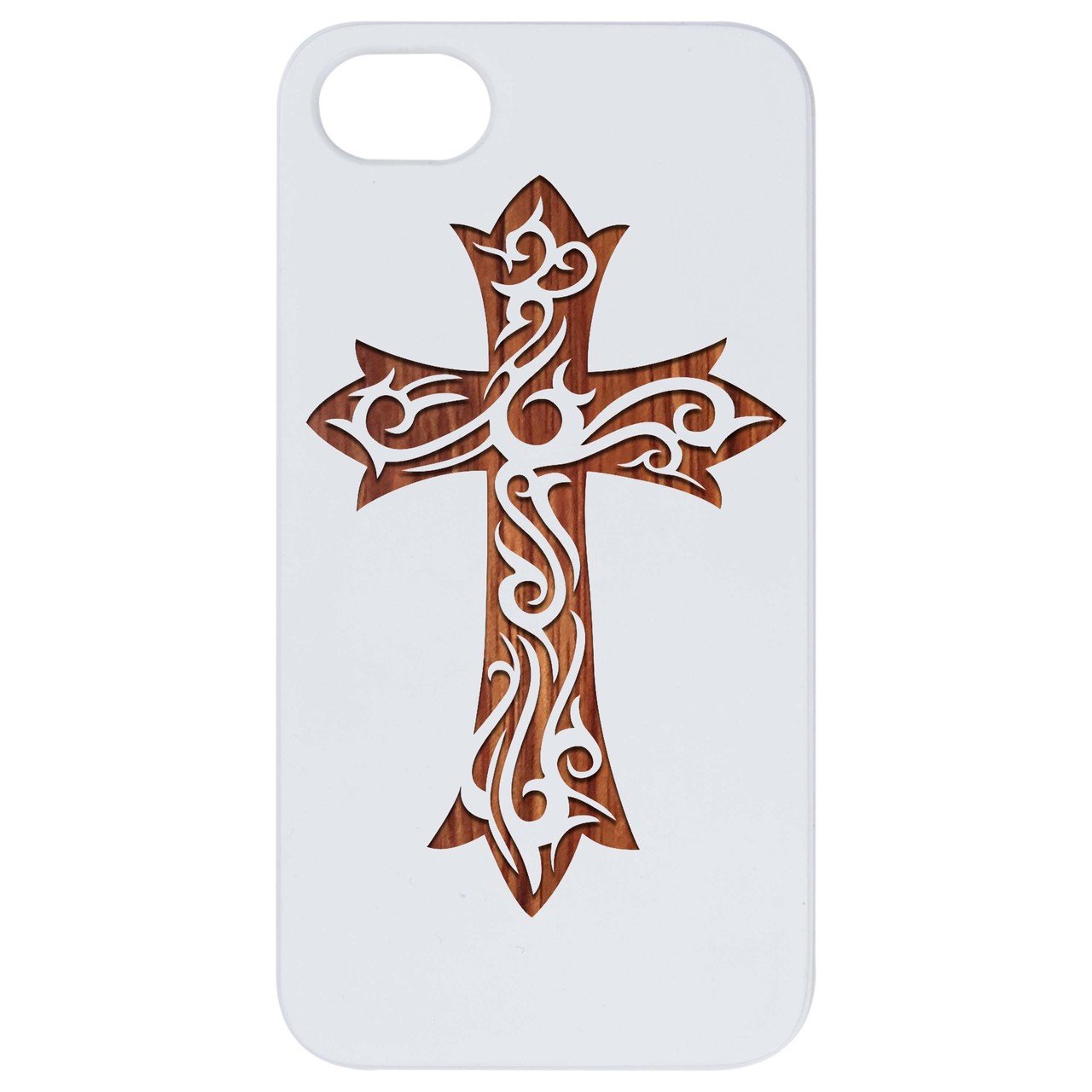 Floral Cross engraved wooden phone case showcasing intricate design and natural wood finish.