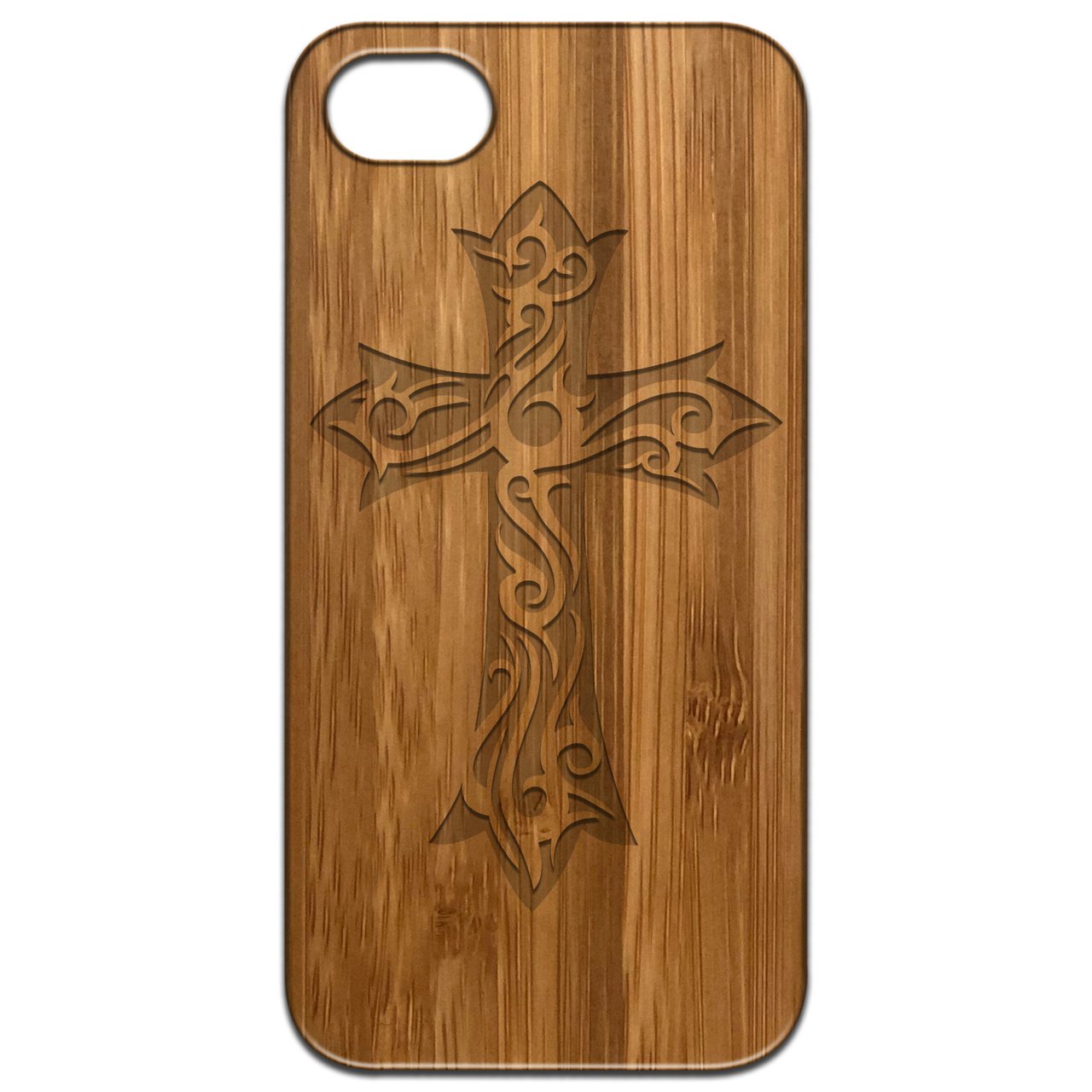 Floral Cross engraved wooden phone case showcasing intricate design and natural wood finish.