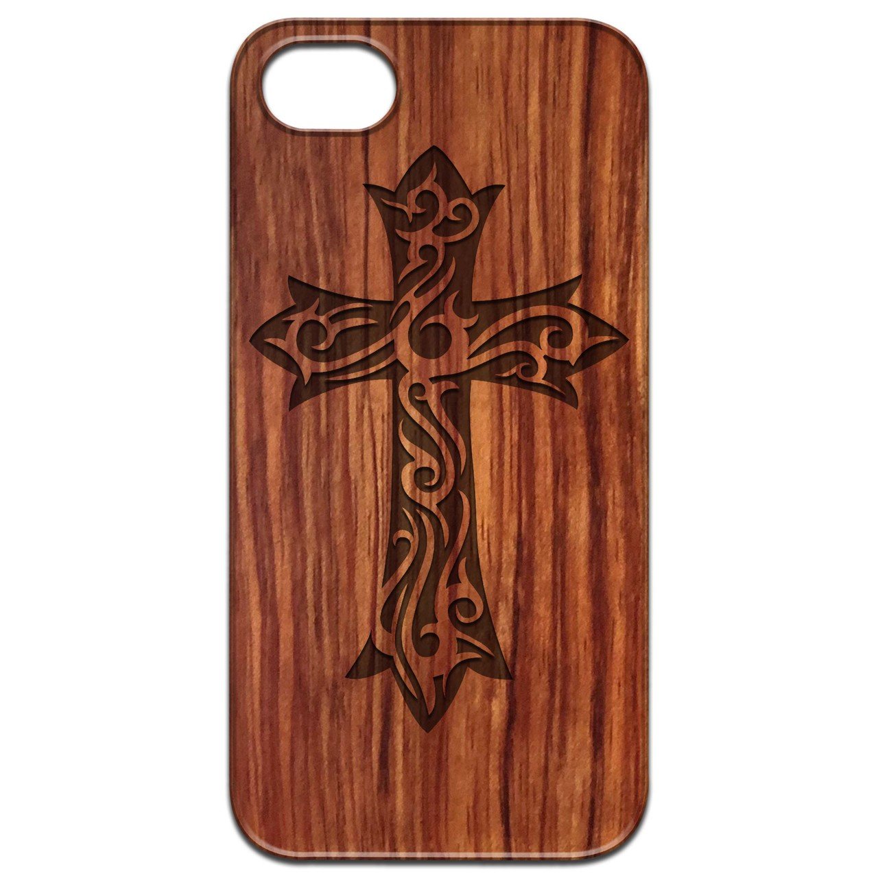 Floral Cross engraved wooden phone case showcasing intricate design and natural wood finish.