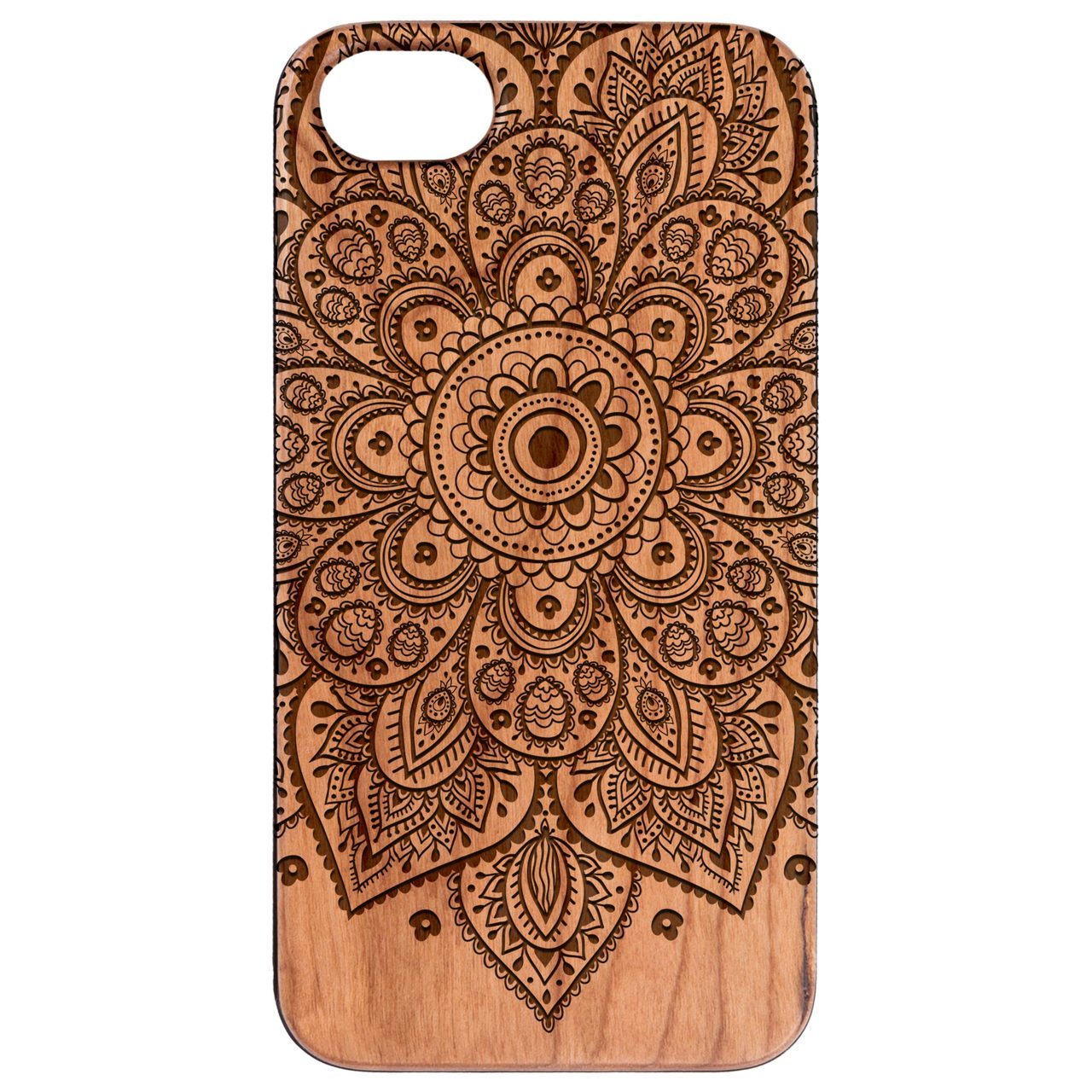 Floral Mandala 1 - Engraved wooden phone case featuring intricate floral designs, showcasing natural wood texture and stylish edges.