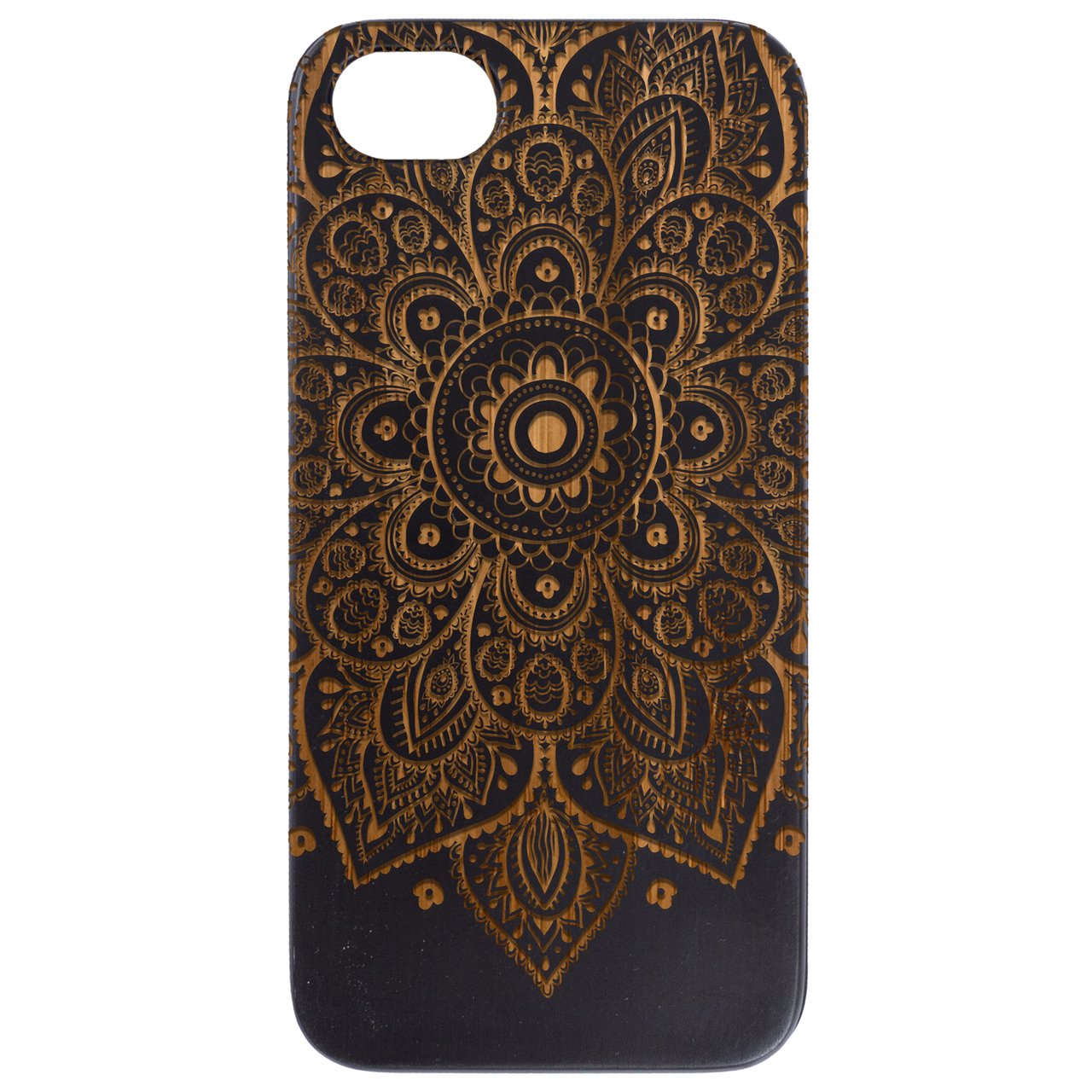 Floral Mandala 1 - Engraved wooden phone case featuring intricate floral designs, showcasing natural wood texture and stylish edges.