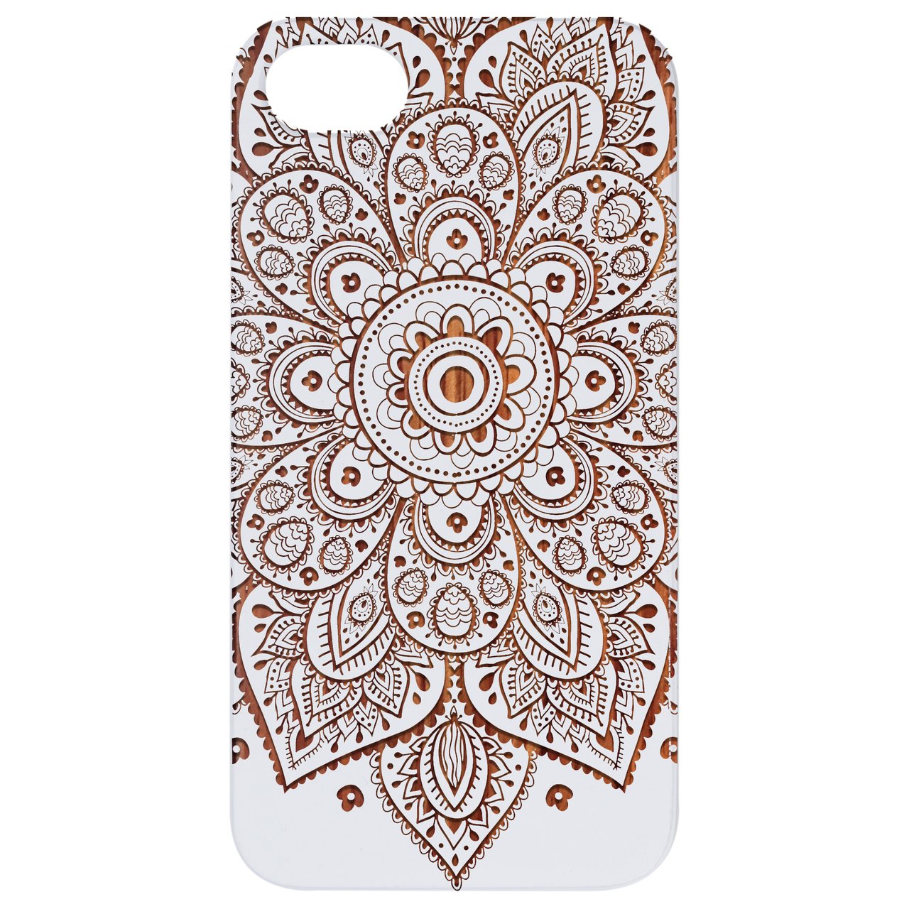 Floral Mandala 1 - Engraved wooden phone case featuring intricate floral designs, showcasing natural wood texture and stylish edges.