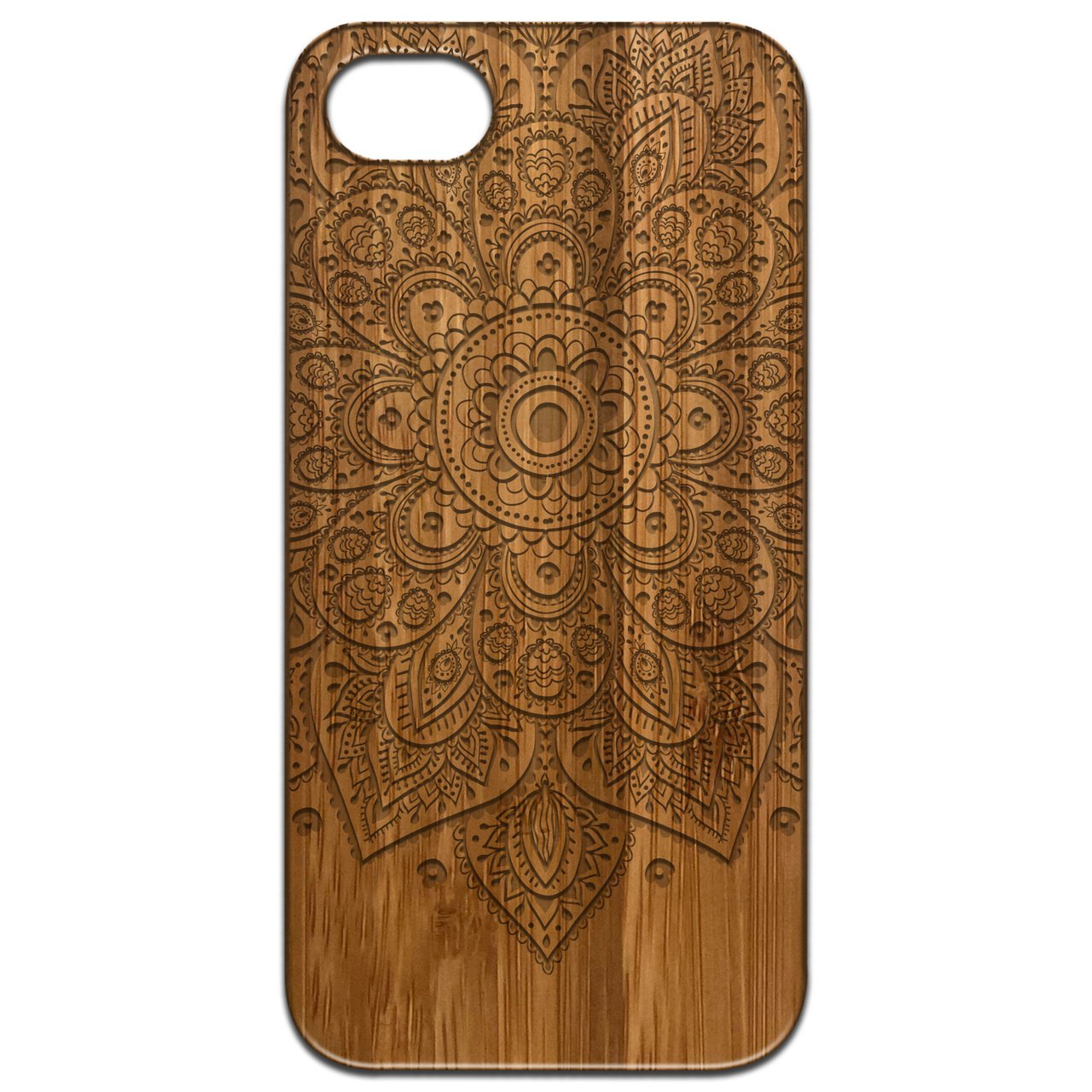 Floral Mandala 1 - Engraved wooden phone case featuring intricate floral designs, showcasing natural wood texture and stylish edges.