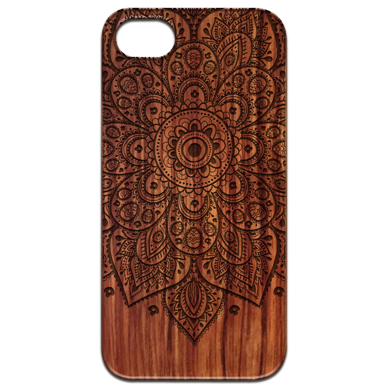 Floral Mandala 1 - Engraved wooden phone case featuring intricate floral designs, showcasing natural wood texture and stylish edges.