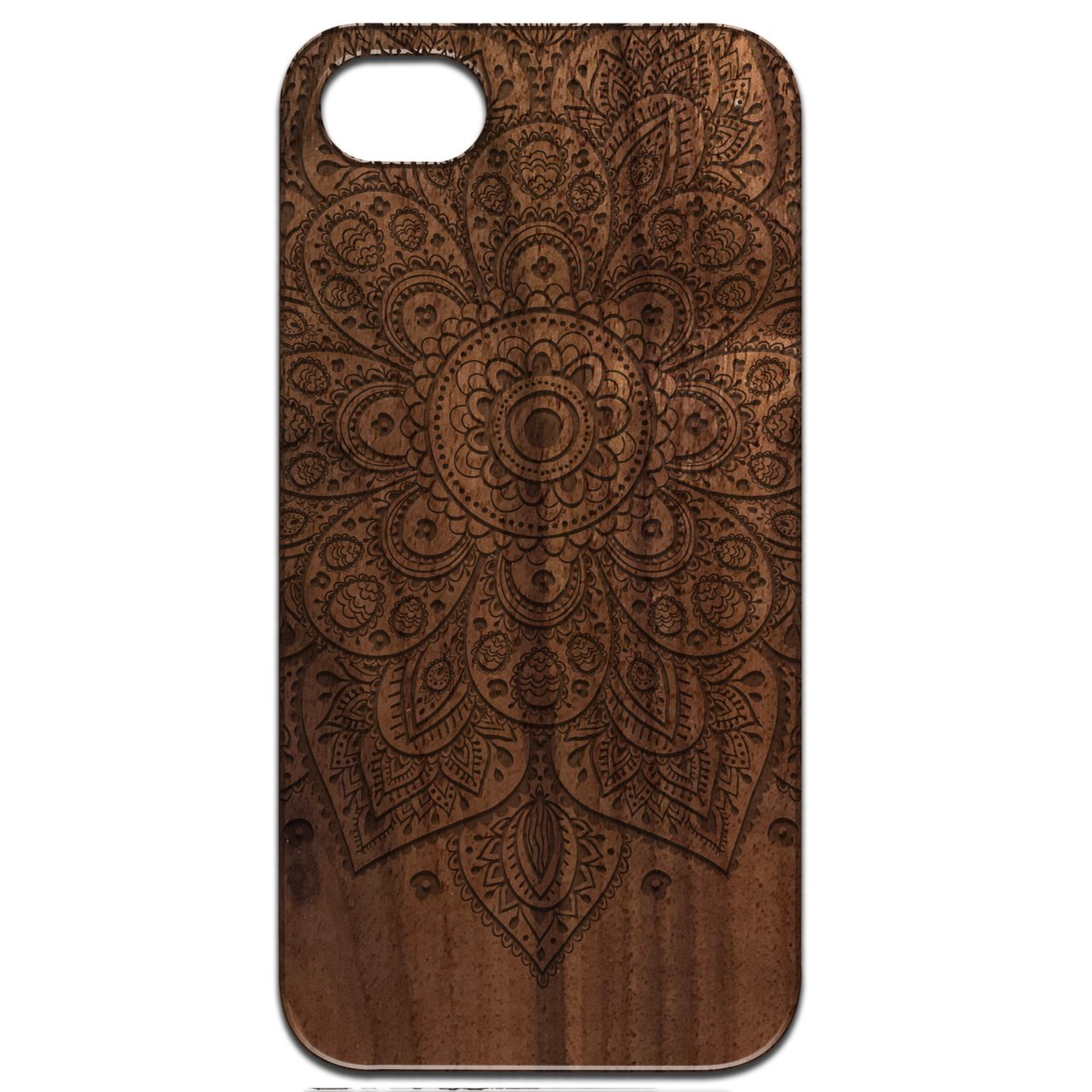 Floral Mandala 1 - Engraved wooden phone case featuring intricate floral designs, showcasing natural wood texture and stylish edges.